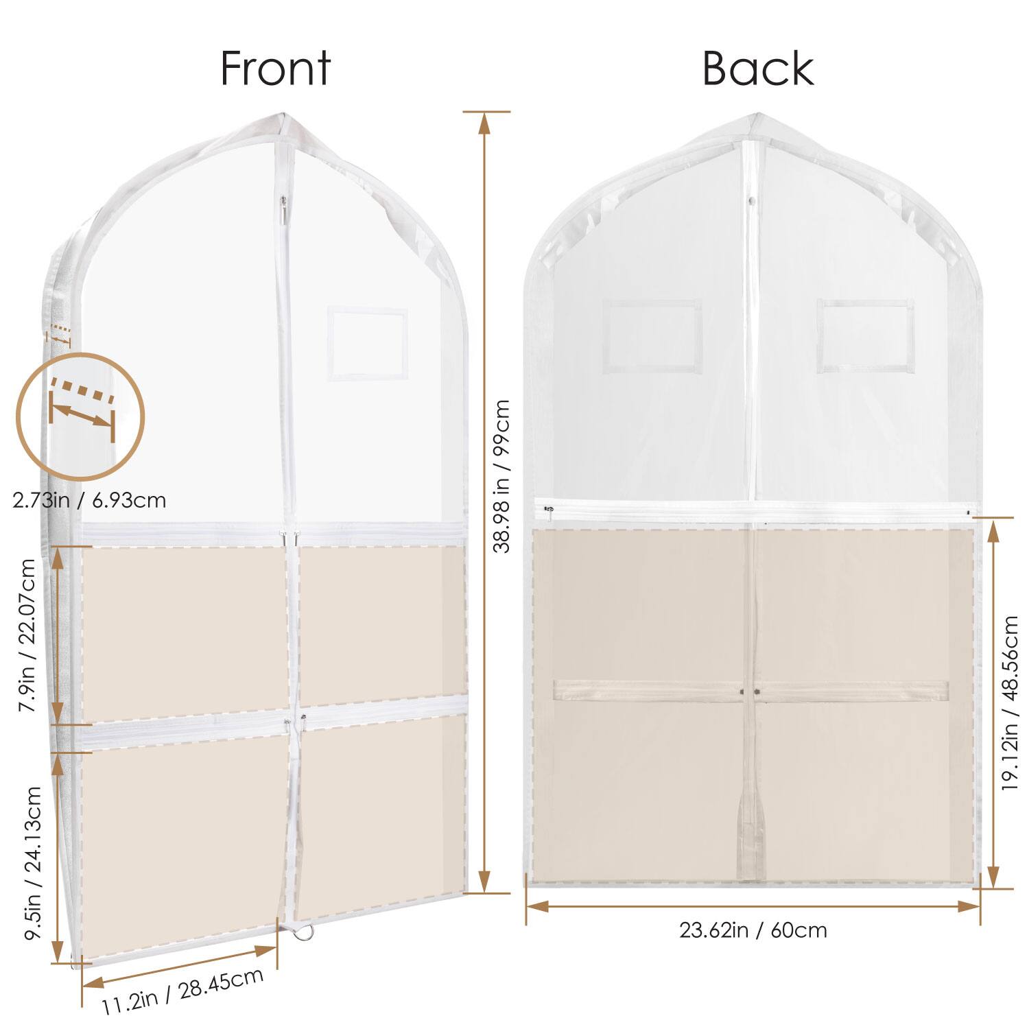 Front  
- 2.73in / 6.93cm  
- 7.9in / 20.07cm  
- 9.5in / 24.13cm  
- 11.2in / 28.45cm  
- 38.98in / 99cm  

Back  
- 19.12in / 48.56cm  
- 23.62in / 60cm