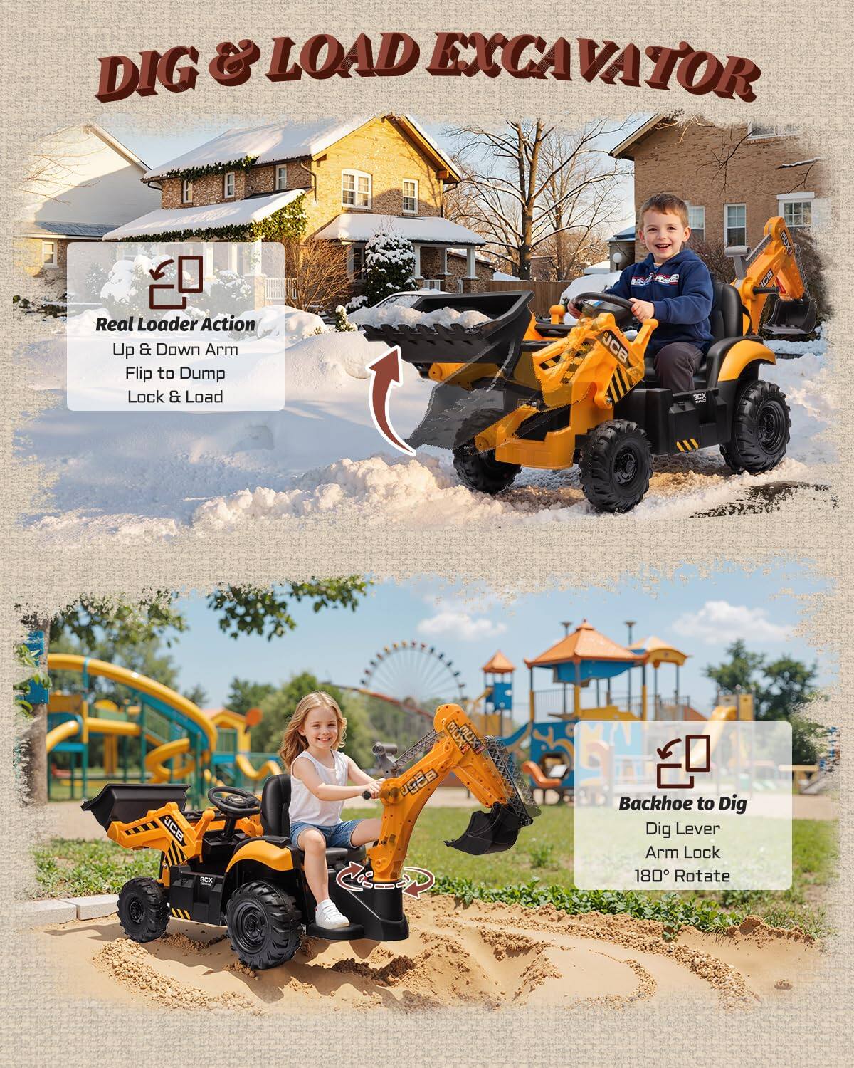 DIG & LOAD EXCAVATOR

Real Loader Action
Up & Down Arm
Flip to Dump
Lock & Load

Backhoe to Dig
Dig Lever
Arm Lock
180° Rotate