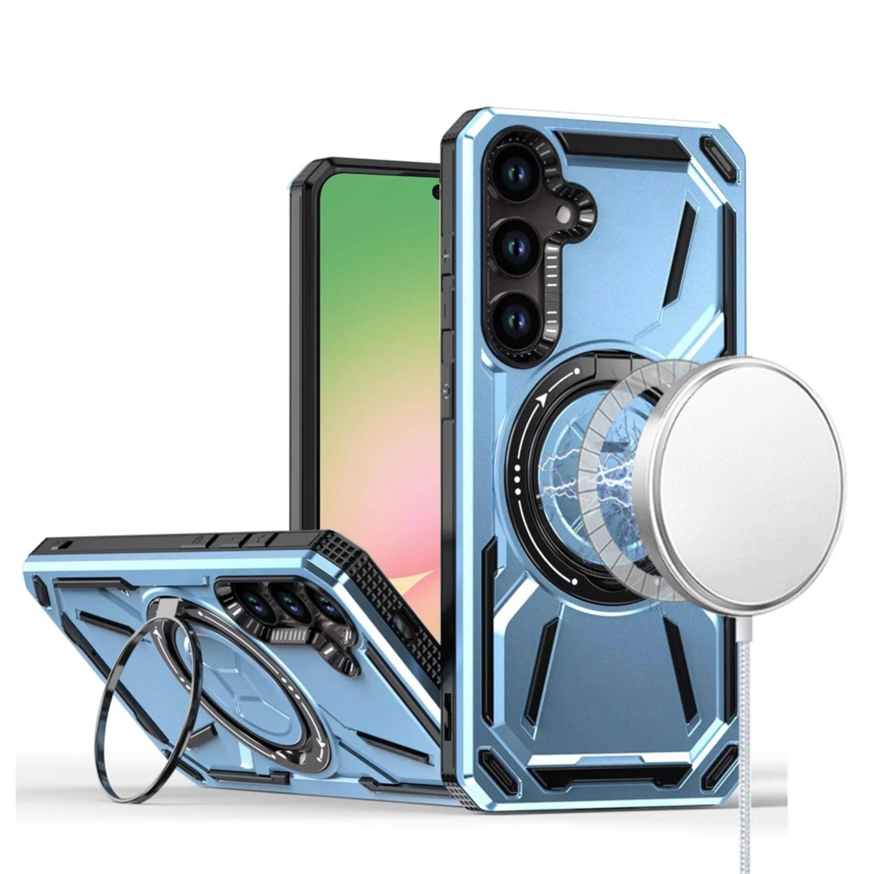 Angle. Kitcheniva - Shockproof Magnetic Circle Metal Stand Rotating Phone Case With Tempered Glass For Samsung Galaxy A57 5G Light Blue - Light Blue.