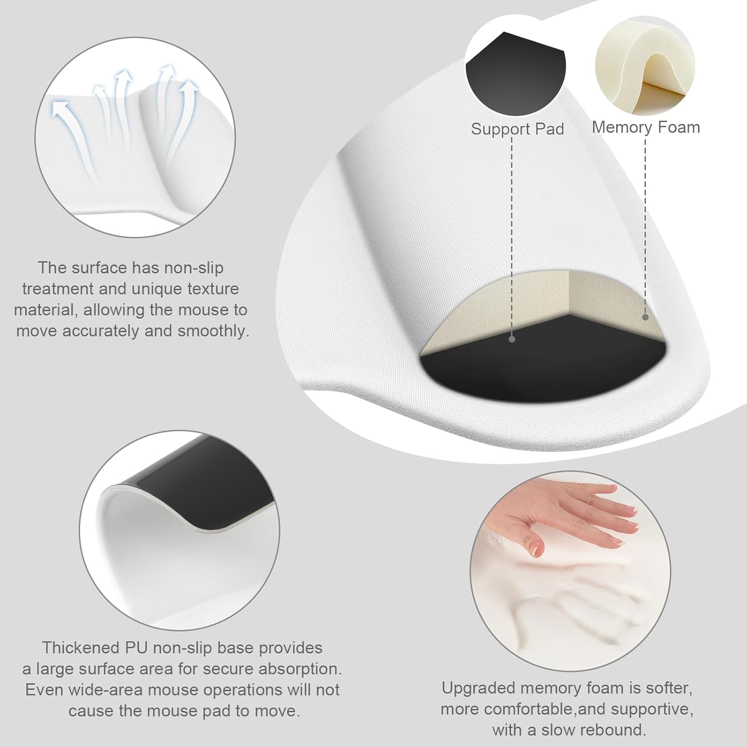 Support Pad Memory Foam

The surface has non-slip treatment and unique texture material, allowing the mouse to move accurately and smoothly.

Thickened PU non-slip base provides a large surface area for secure absorption. Even wide-area mouse operations will not cause the mouse pad to move.

Upgraded memory foam is softer, more comfortable, and supportive, with a slow rebound.