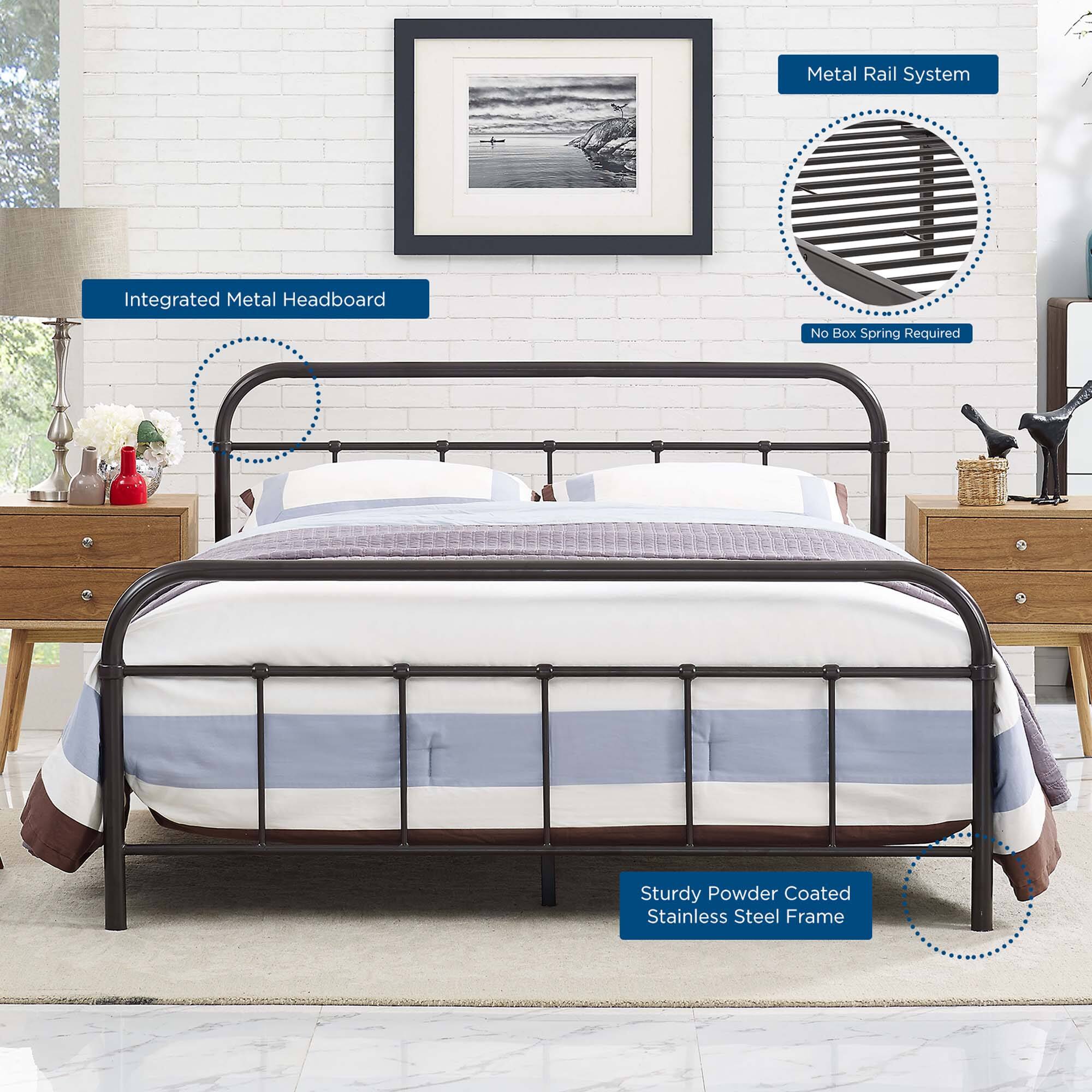 - Integrated Metal Headboard
- Metal Rail System
- No Box Spring Required
- Sturdy Powder Coated Stainless Steel Frame