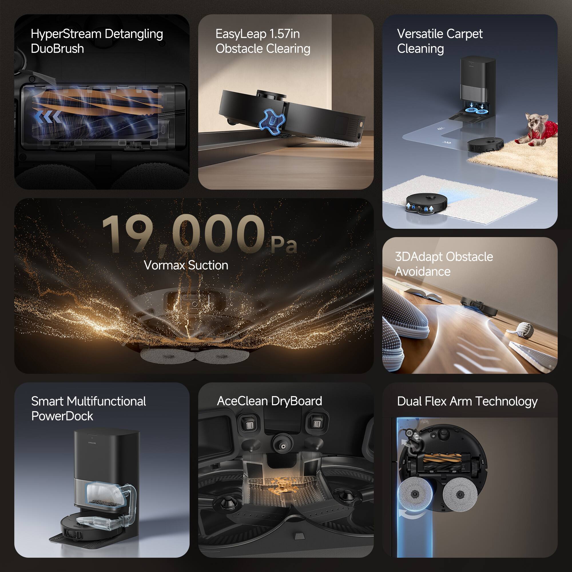 HyperStream Detangling DuoBrush  
EasyLeap 1.57in Obstacle Clearing  
Versatile Carpet Cleaning  
19,000 Pa Vormax Suction  
3D Adapt Obstacle Avoidance  
Smart Multifunctional PowerDock  
AceClean DryBoard  
Dual Flex Arm Technology