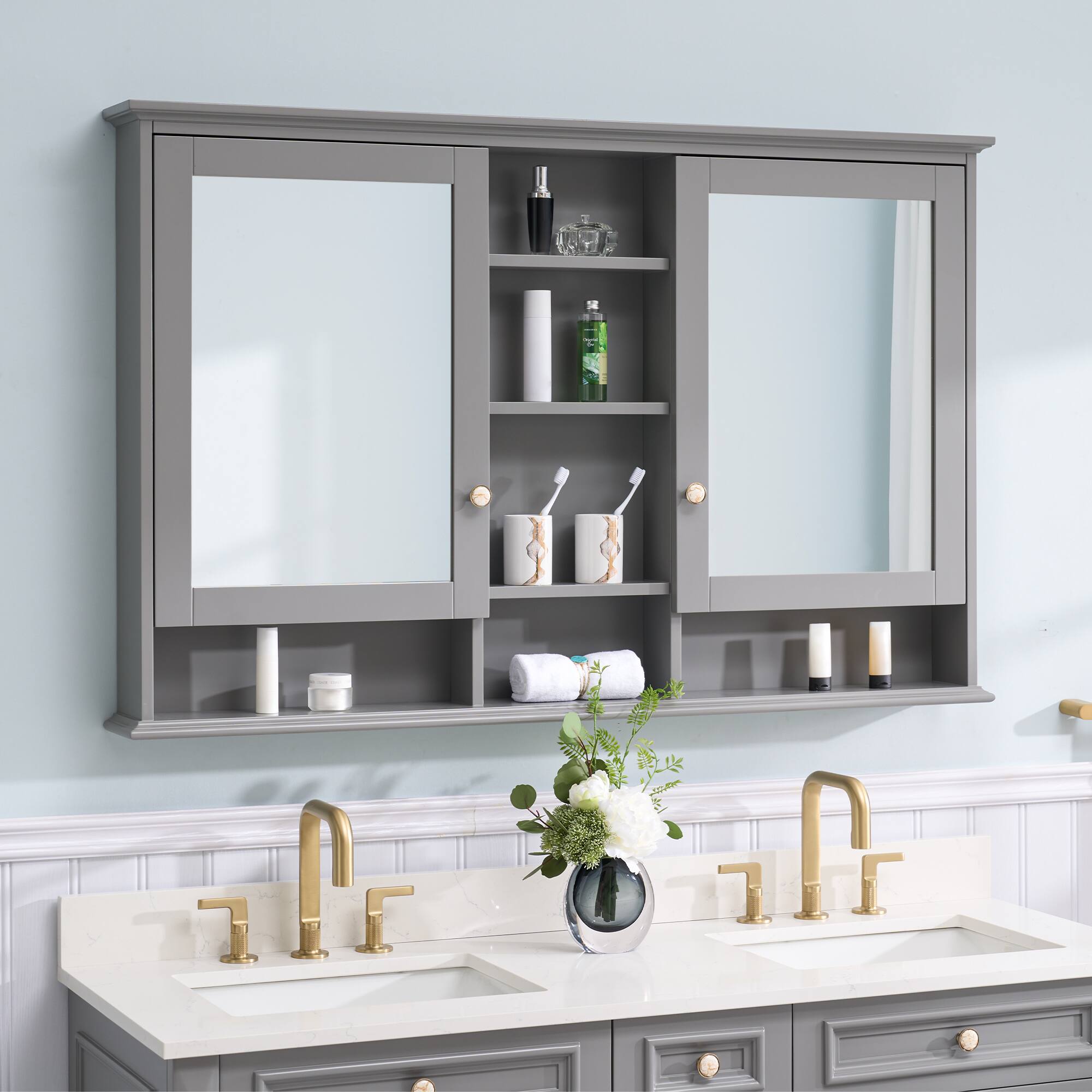 Angle. WELLFOR - 55 in. W x 35 in. H Rectangular Wood Surface Mount Medicine Cabinet with Mirror, Double Soft Close Doors - Titainum Grey.