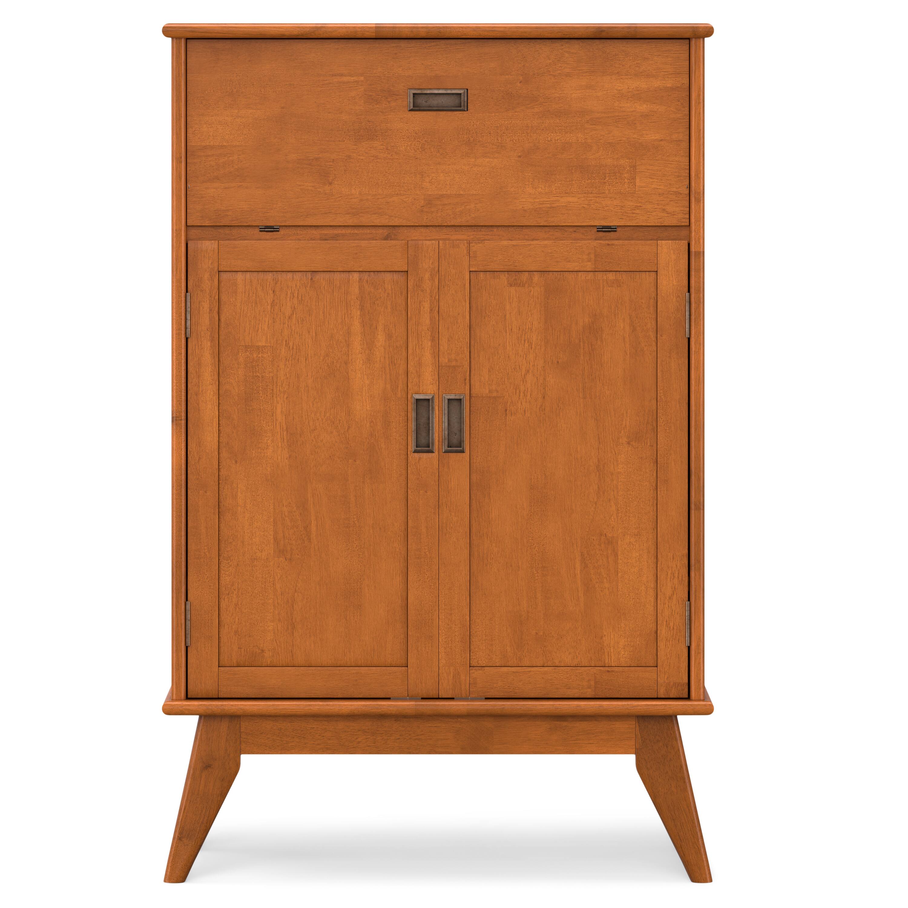 Left. Simpli Home - Draper SOLID HARDWOOD Mid Century Modern 32 inch Wide Bar Cabinet in Teak Brown - Teak Brown.