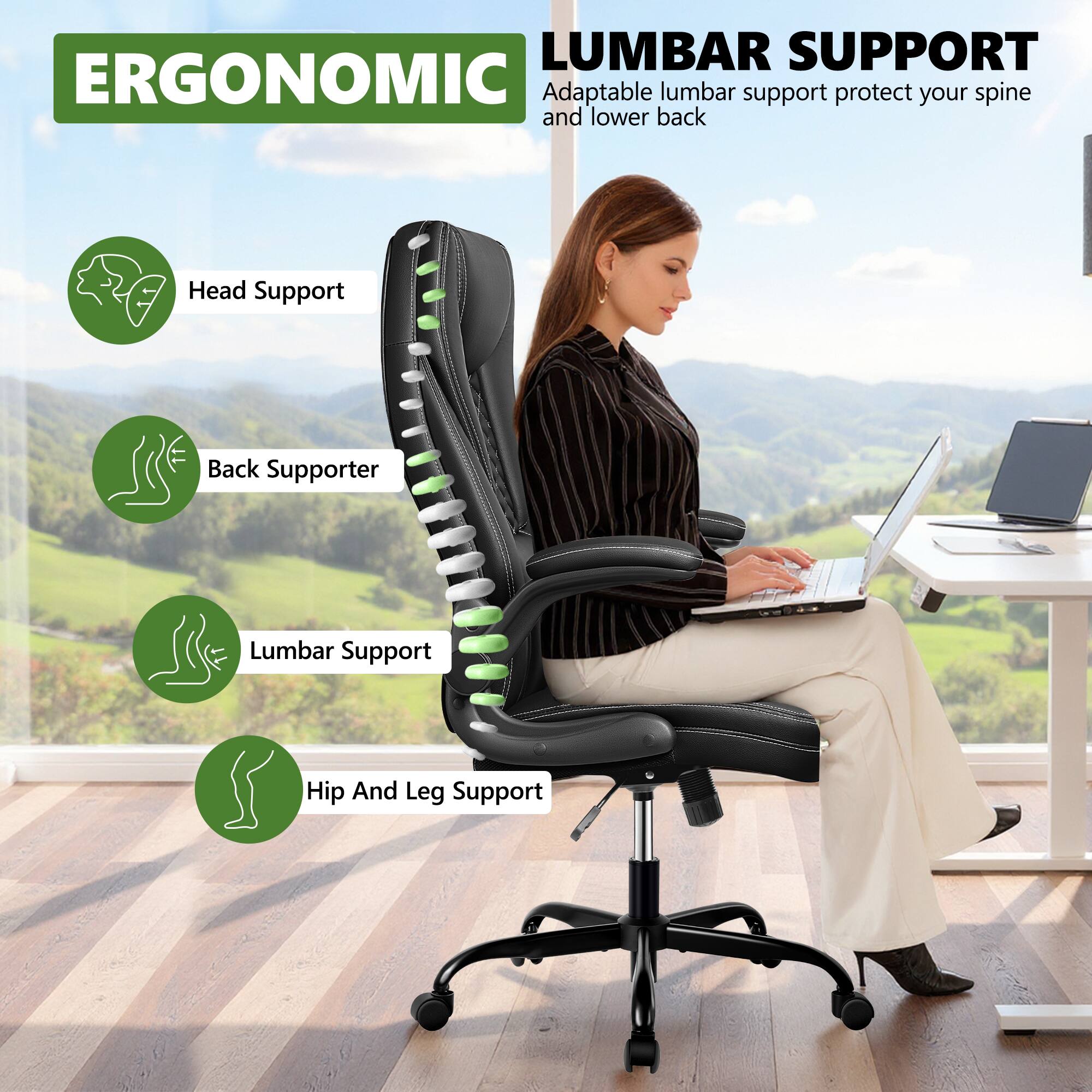 LUMBAR SUPPORT  
ERGONOMIC  
Adaptable lumbar support protect your spine and lower back  

Head Support  
Back Supporter  
Lumbar Support  
Hip And Leg Support
