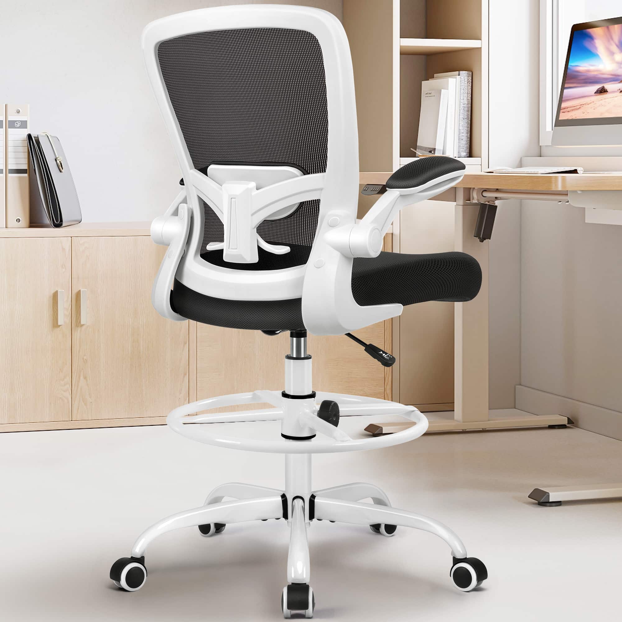 Front. Brick Attic - Drafting Chair, Tall Office Chair Ergonomic Desk Chair, Task Rolling Chair with Adjustable Flip-up Armrests Foot Ring - White.