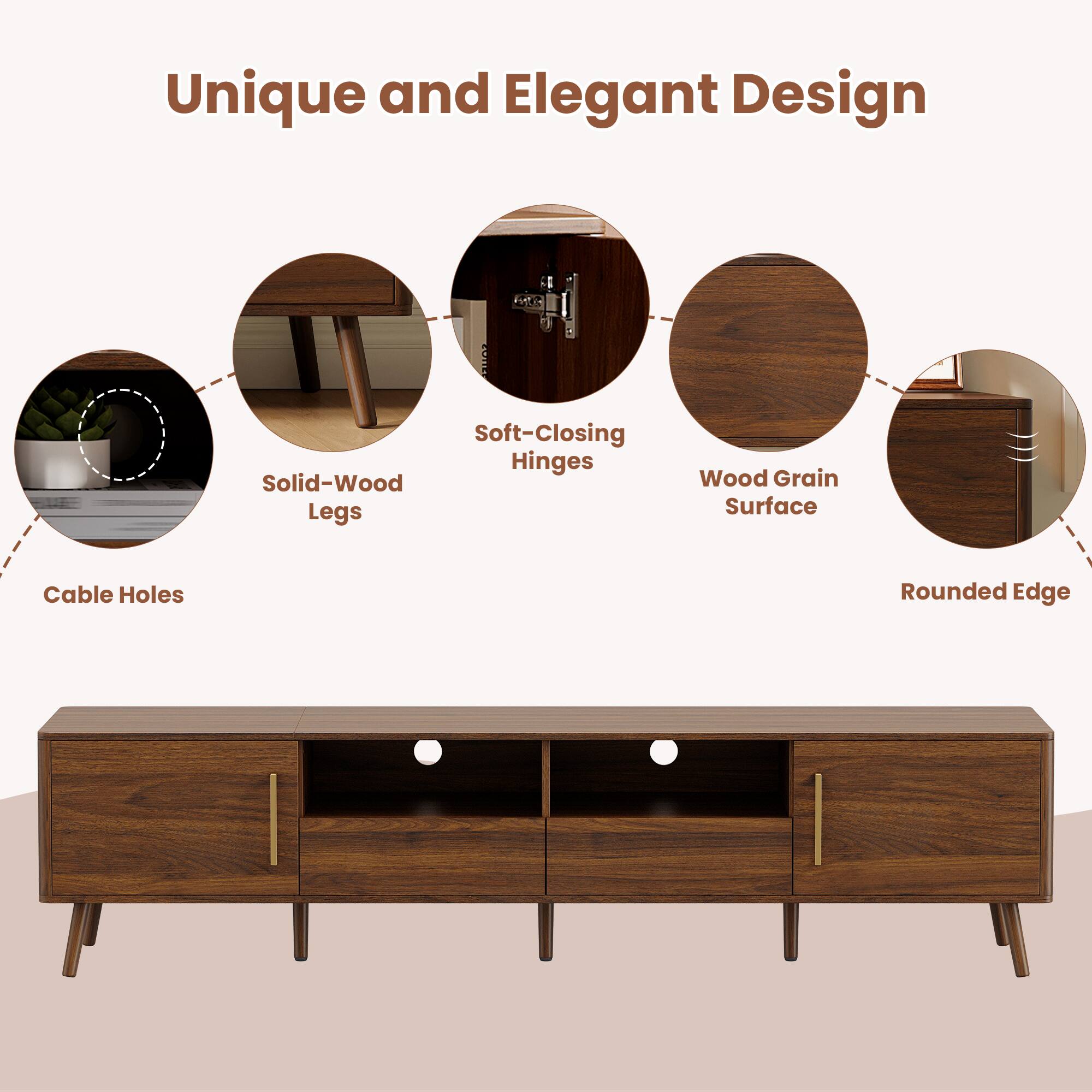 Unique and Elegant Design

- Solid-Wood Legs
- Soft-Closing Hinges
- Wood Grain Surface
- Cable Holes
- Rounded Edge