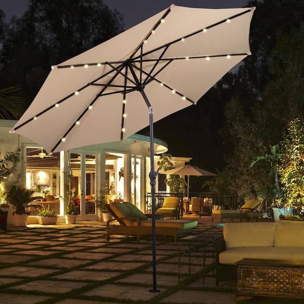Front. WELLFOR - 10FT Patio Solar Umbrella with LED Lights and Crank Lift.