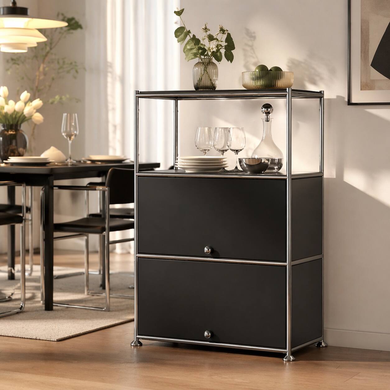 Left. Malletson - 3 Tier Modular Metal Sideboard Storage Cabinet, Modern Grid-Style, for Gaming Room, Living Room or Office - Black.