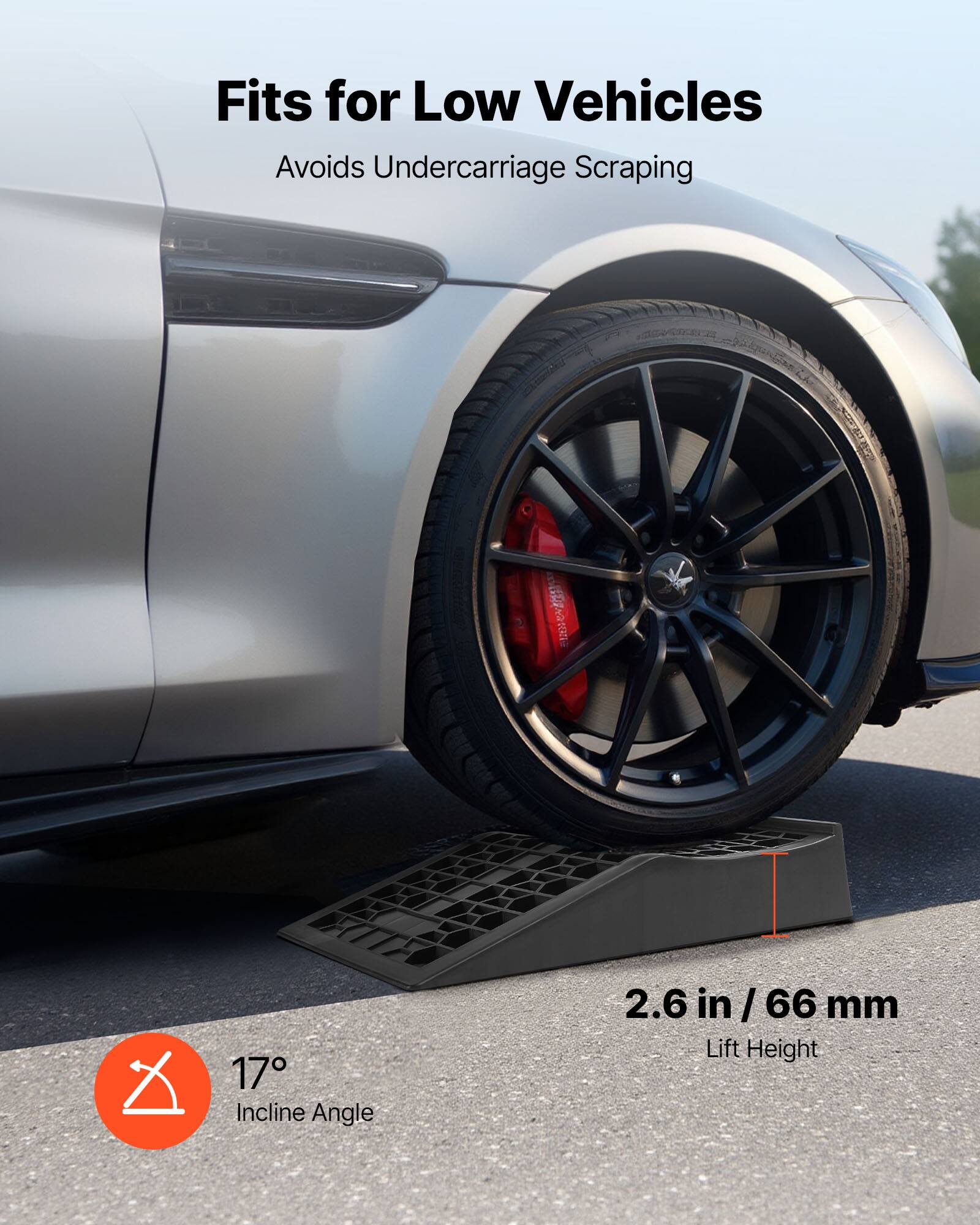 Fits for Low Vehicles  
Avoids Undercarriage Scraping

17° Incline Angle  
2.6 in / 66 mm Lift Height
