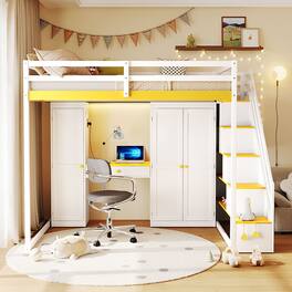 Anysun - Full Size Loft Bed with Storage Staircase - Built-In Dressing Table & Mirror, Wardrobe, USB Ports & Lights - Yellow