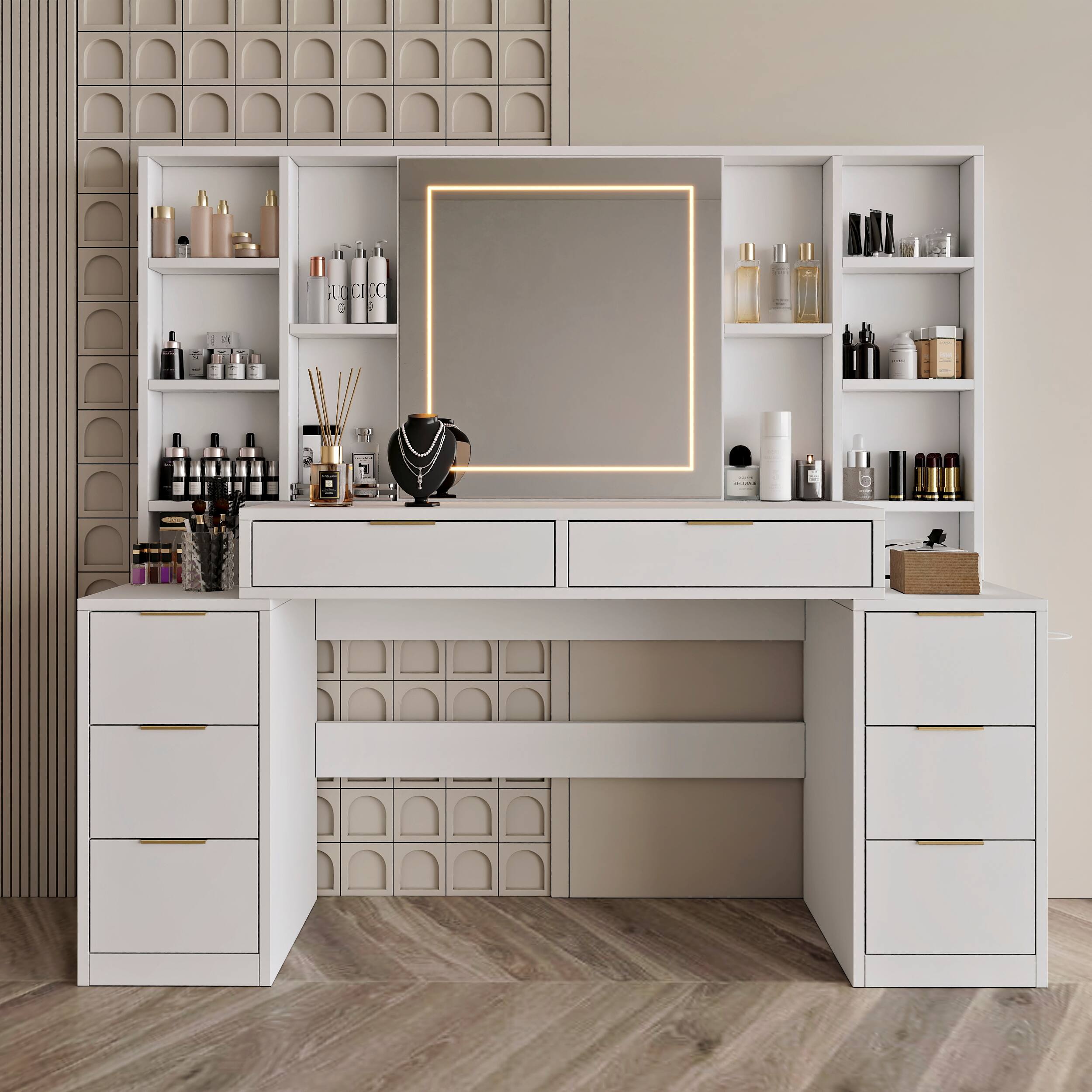 Angle. COWLOWN - 59 Inch Large Vanity Table Mirror Lights 8 Drawers Storage Shelves Bedroom Dressing Table White - White.