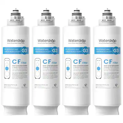 Waterdrop Reverse Osmosis Water Filtration System
PRE-SEDIMENT AND CARBON BLOCK FILTER G3
CF Filter
RESET AFTER REPLACEMENT
NOTICE: Please press and hold the CF filter life indicator for seconds until the system beeps
FEED WATER TEMPERATURE: 40-87°F
Do not use with water that is microbiologically unsafe or of unknown quality without adequate disinfection
Giglio Expo Filter Co., Ltd.
Address: No. 101, Jiaxing Road, Xiangtan City, Hunan Province, China
Website: www.giglioexpo.com
Made in China