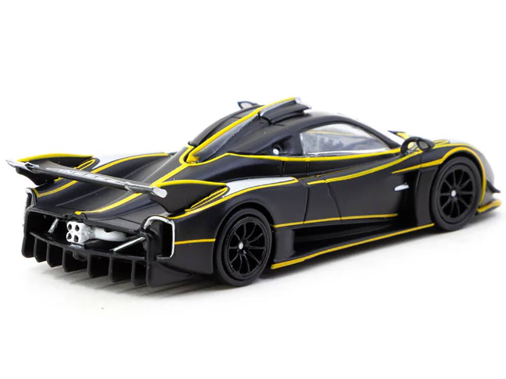 Angle. Tarmac Works - Pagani Huayra R Matt Black with Silver Accents and Yellow Stripes "Global64" Series 1/64 Diecast Model by Tarmac Works - Matt Black with Silver, Yellow.