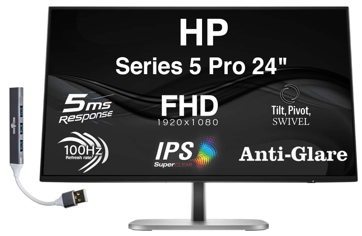 HP - Series 5 Pro 24" FHD IPS Monitor, 5ms Response Time, Anti-Glare, Flicker Free, HDMI & DKZ Hub, Color - Black/Silver