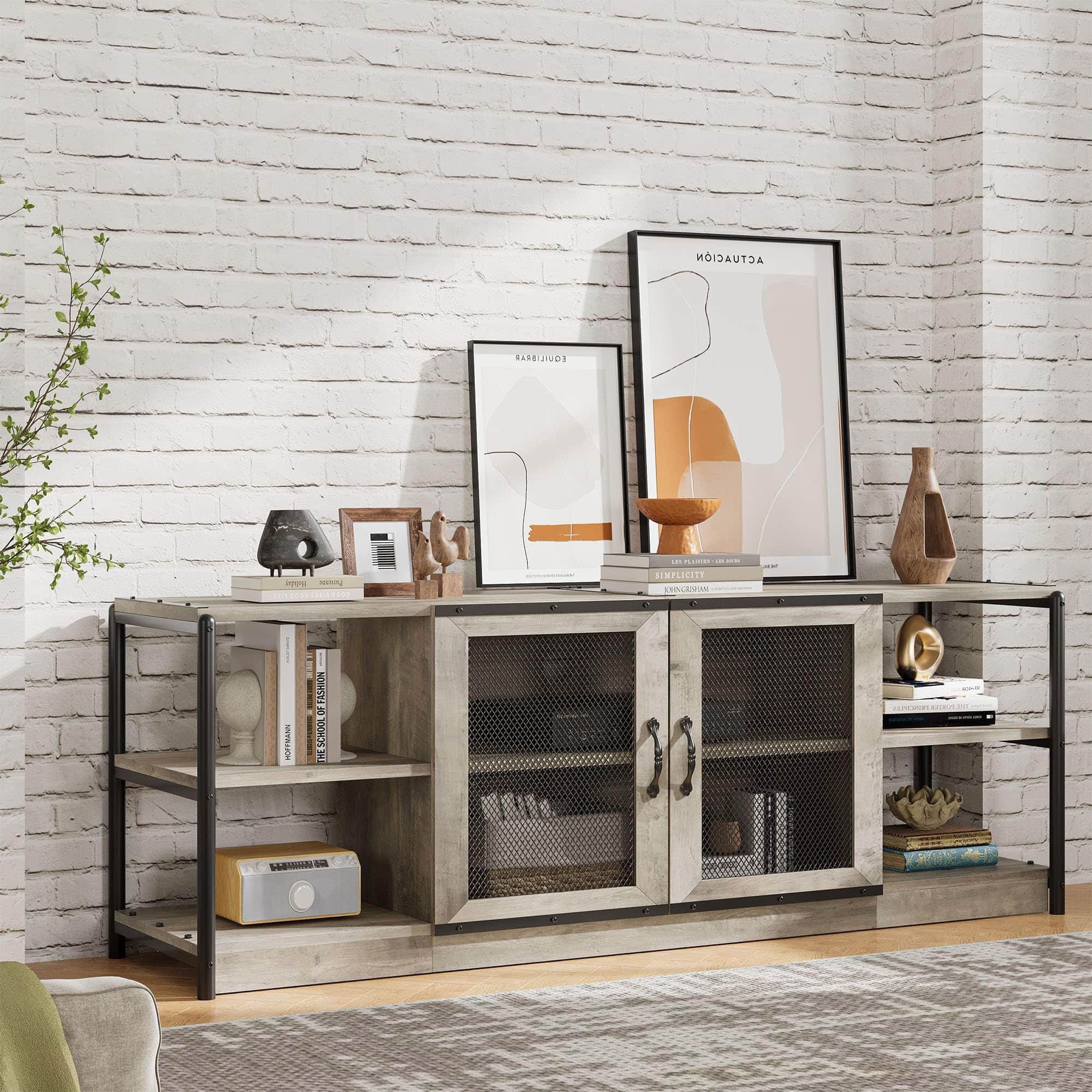 Acekool - TV Stand for 70+ Inch TV, Rustic Entertainment Center TV Media Console Table, Farmhouse Television Stands with Mesh Door - Gray