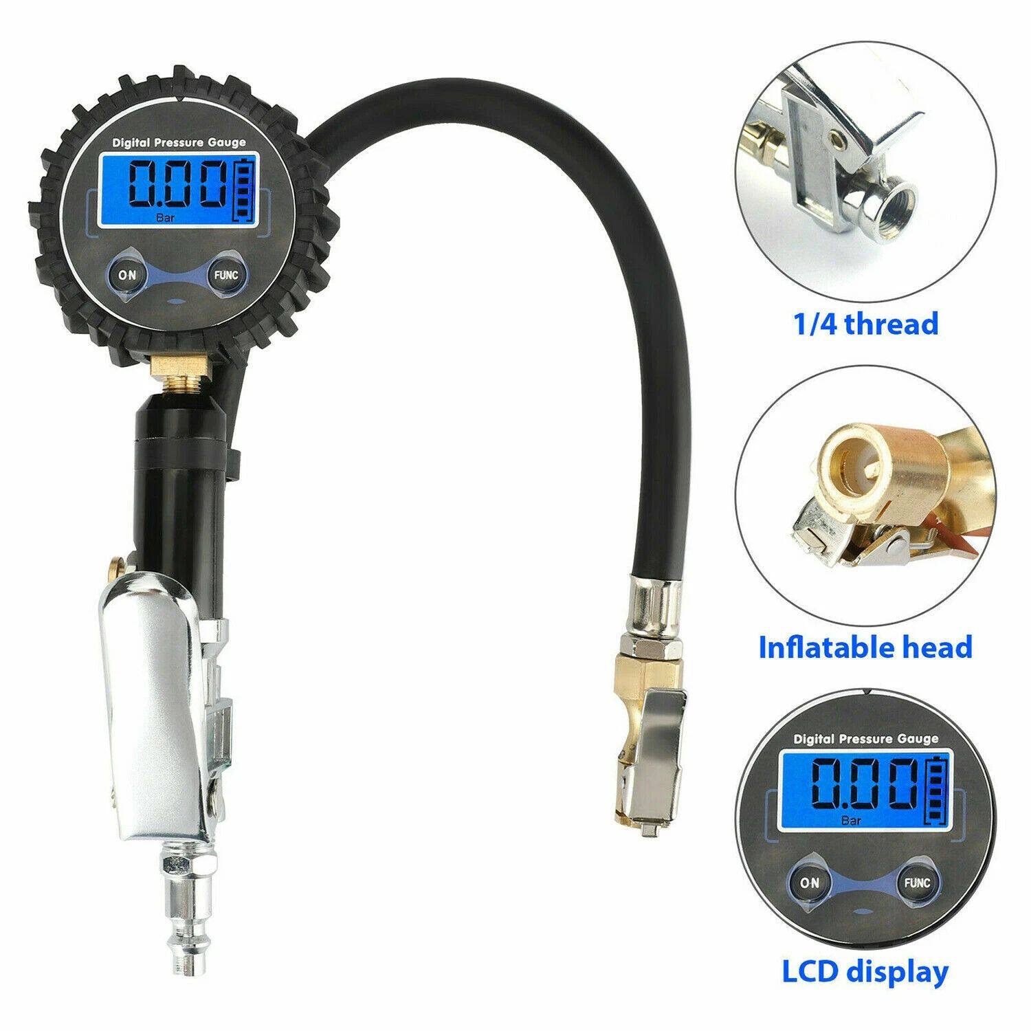 Digital Pressure Gauge  
0.00 Bar  
ON FUNC  

1/4 thread  

Inflatable head  

LCD display