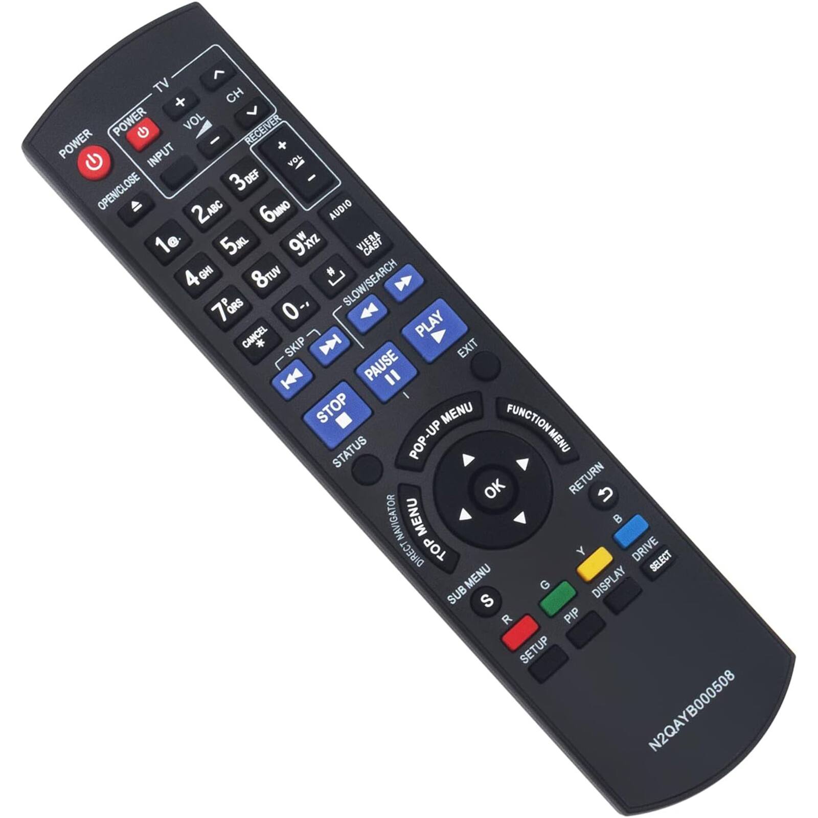 Sure, here is the corrected and grouped text from the image:

---

**Top Section:**
- TV
- CH
- VOL
- POWER
- INPUT
- RECEIVER
- OPEN/CLOSE
- 3DEF
- 2ABC
- 6MN
- 9JK
- 8TUV
- 78Rs
- 0- -.
- 44
- CANCEL
- PLAY
- STOP
- MENU
- FUNCTION
- STATUS
- POP-UP MENU
- OK
- RETURN
- NAVIGATOR MENU
- DIRECT
- TOP
- DRIVE
- SELECT
- MENU
- G
- DISPLAY
- SUB
- S
- PIP
- SETUP

**Middle Section:**
- POWER
- TV
- CH
- VOL
- INPUT
- RECEIVER
- OPEN/CLOSE
- 2ABC
- 5JK
- 9JK
- 8TUV
- 78Rs
- 0- -.
- 44
- CANCEL
- PLAY
- STOP
- MENU
- FUNCTION
- STATUS
- POP-UP MENU
- OK
- RETURN
- NAVIG