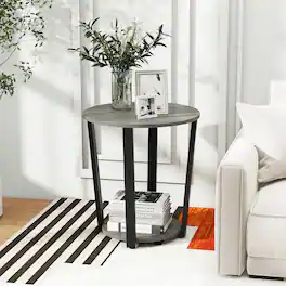 Costway - 1 PCS 2-tier Round Side Table, Home Accent Table with Storage Shelf, Metal Frame - Gray Oak