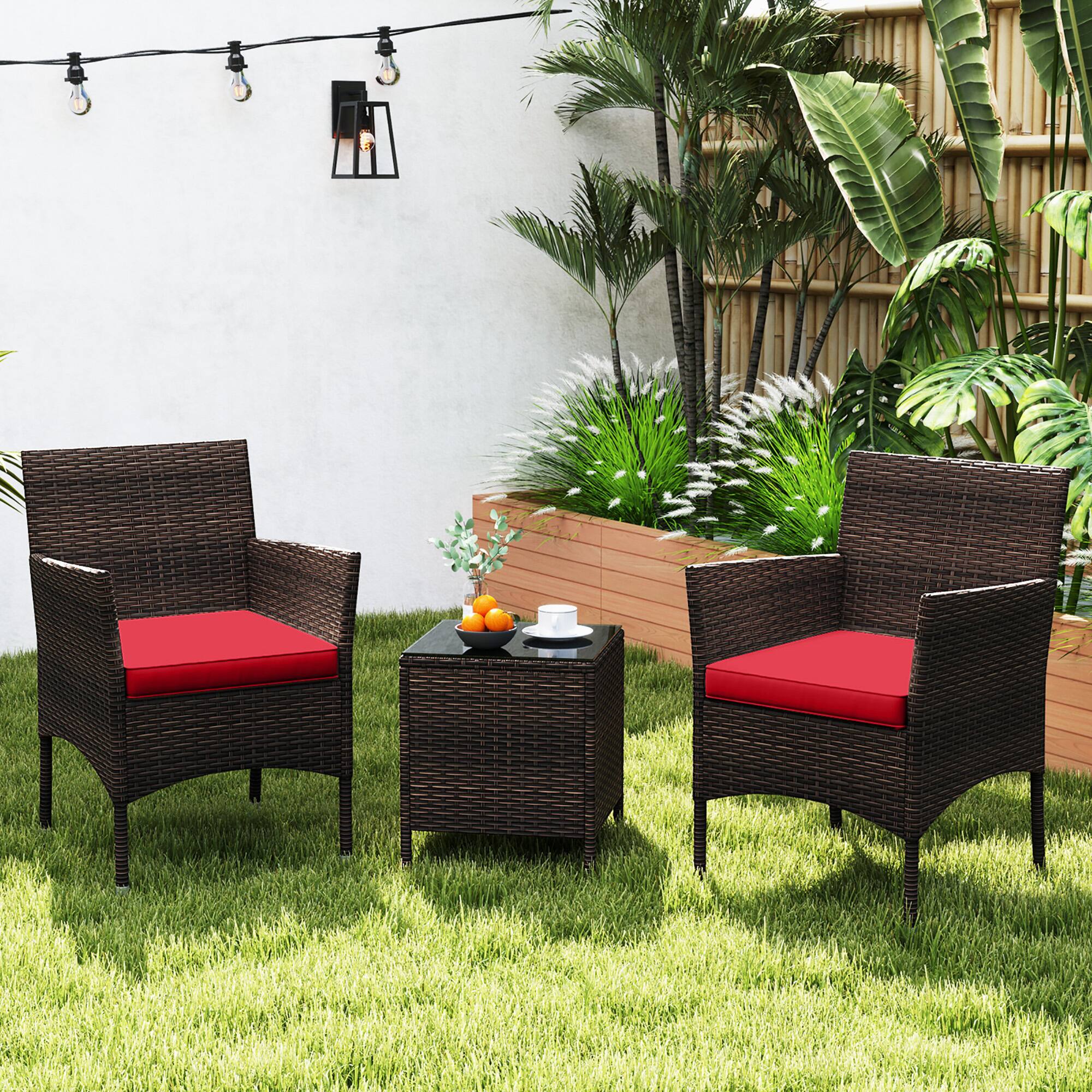 Alt View 8. Gymax - Gymax 3 PCS Outdoor Conversation Set w/ Cushioned Seat & Tempered Glass Tabletop Red - Red.