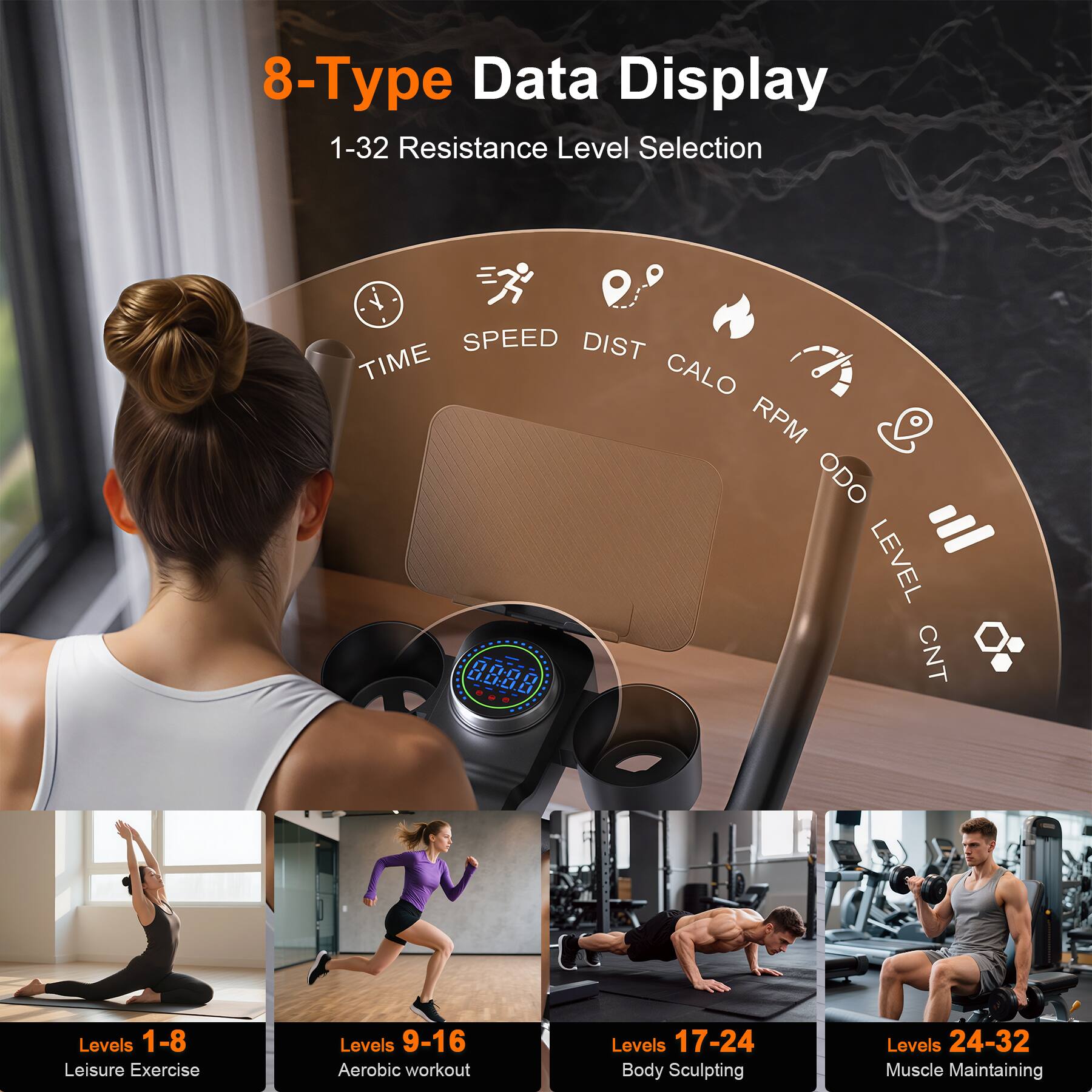 8-Type Data Display  
1-32 Resistance Level Selection  

SPEED DIST TIME CALO RPM ODO LEVEL = 8.8:8.8 CNT  

Levels 1-8: Leisure Exercise  
Levels 9-16: Aerobic workout  
Levels 17-24: Body Sculpting  
Levels 24-32: Muscle Maintaining