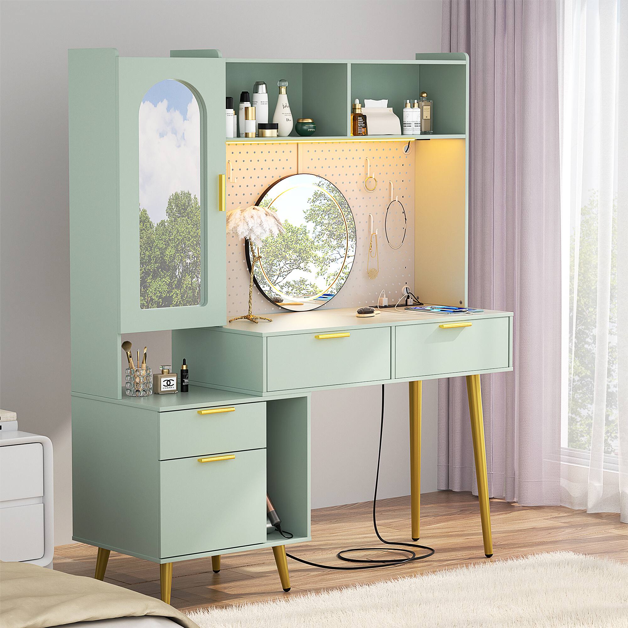 Left. Aheaplus - 48" LED Vanity with Charging Station & 5 Drawers - Built-in Organizer - Cyan.
