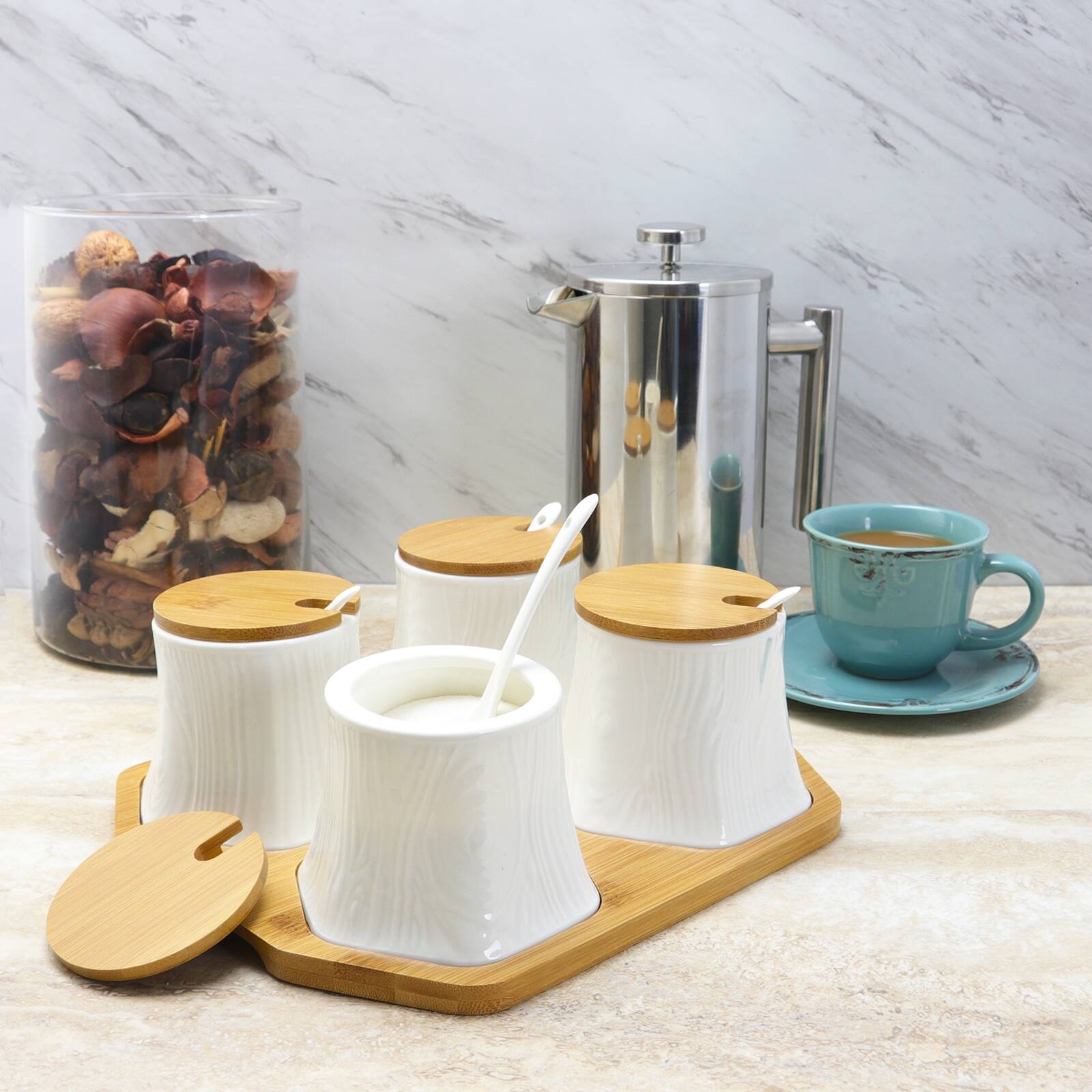 Left. Elama - Elama Ceramic Spice, Jam and Salsa Jars with Bamboo Lids & Serving Spoons - Brown.