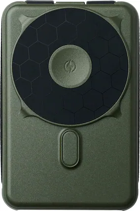 Front. The Ridge Wallet - MAGSAFE POWER BANK 10,000mAh 20w 5-in-1 with integrated lightning and USB-C cables, Apple Watch charging, and Kickstand - Green.