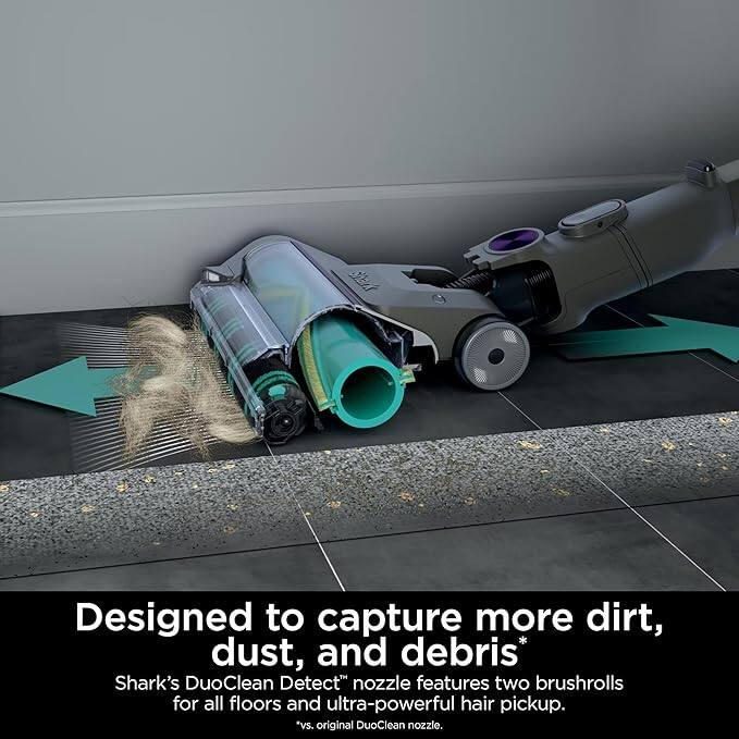 Designed to capture more dirt, dust, and debris*  
Shark's DuoClean Detect™ nozzle features two brushrolls for all floors and ultra-powerful hair pickup.  
*vs. original DuoClean nozzle.