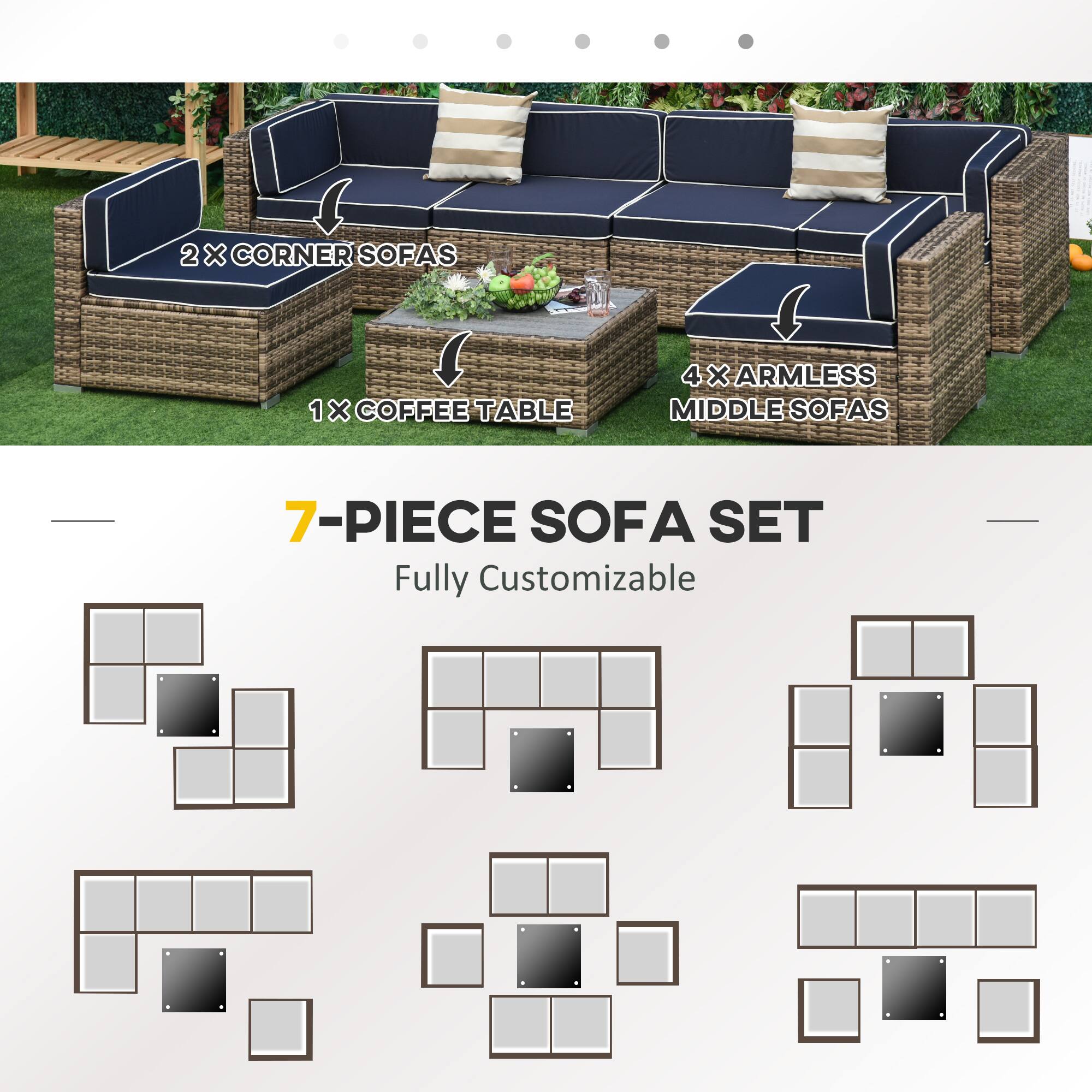 2 x Corner Sofas  
1 x Coffee Table  
4 x Armless Middle Sofas  

7-Piece Sofa Set  
Fully Customizable