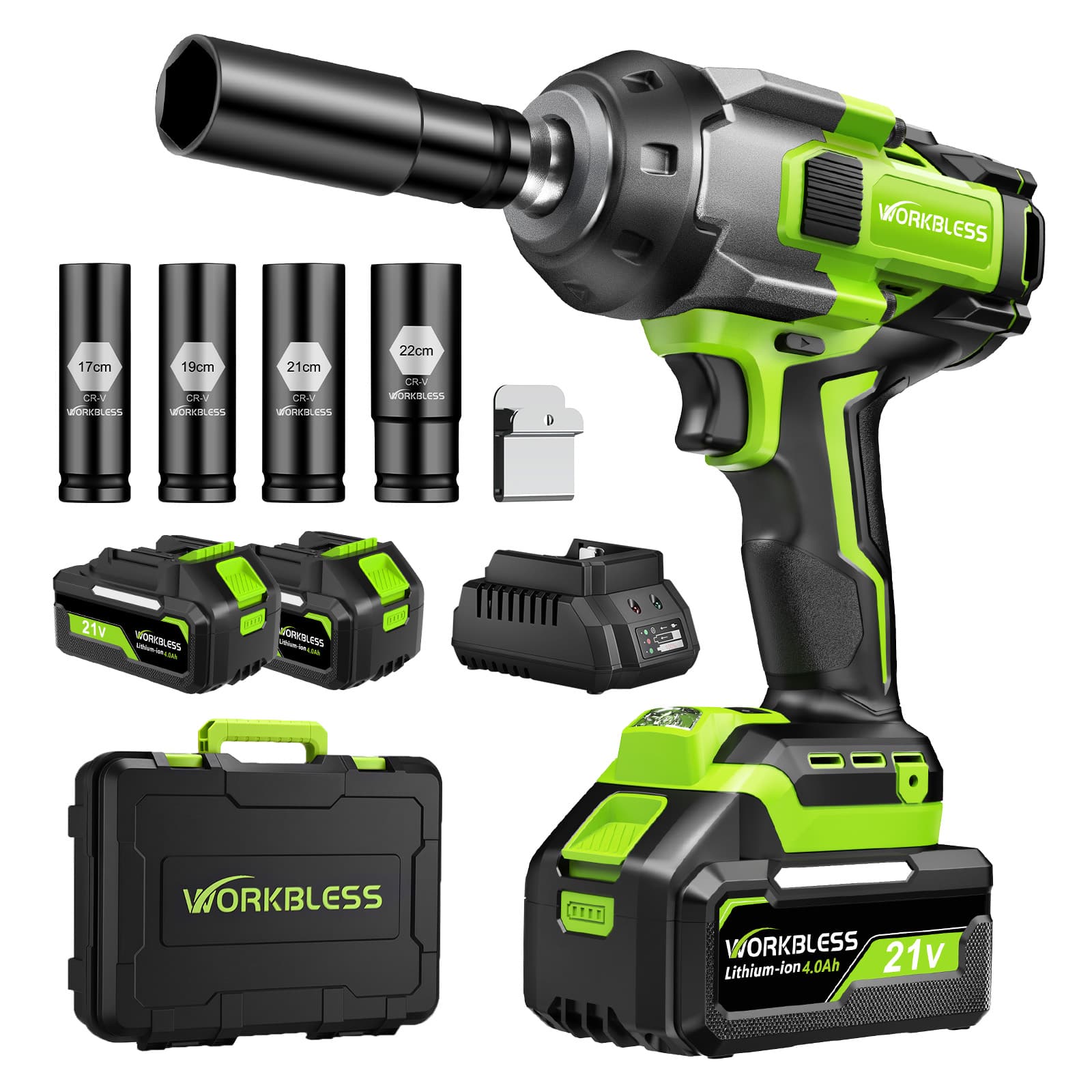Unique Bargains - 1/2″ Cordless Impact Wrench, Max 1500Nm, 20V 4Ah Battery, 3-Speed, 4 Sockets, LED Light, for Car Tire, Mower