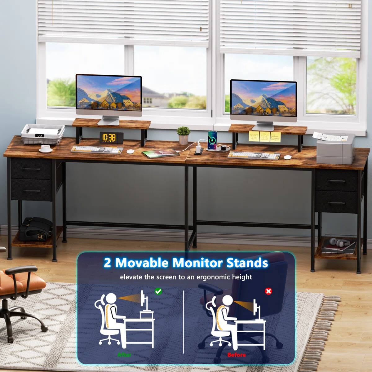 A 038 NOE PLA H 2 Movable Monitor Stands elevate the screen to an ergonomic height

After Before