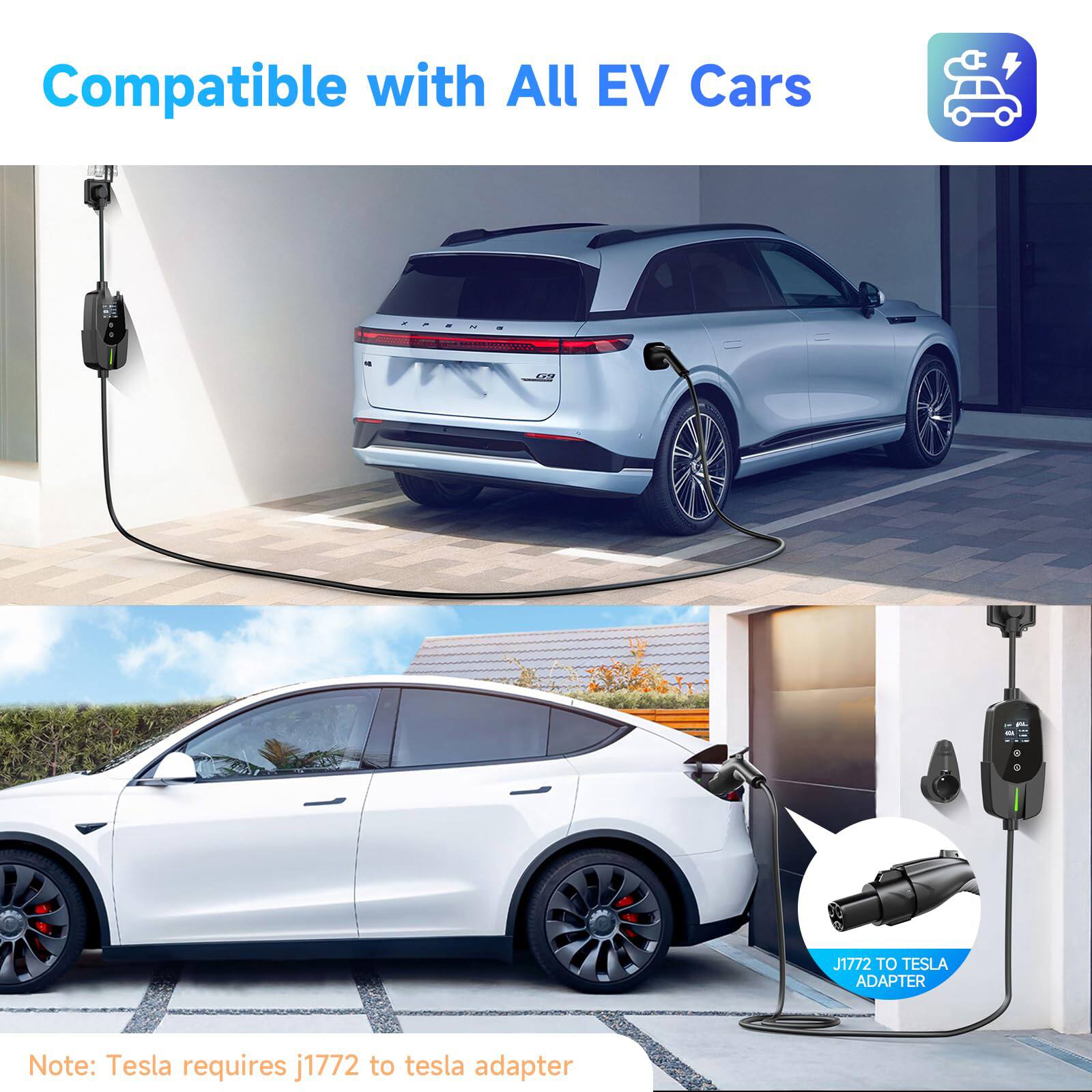 Compatible with All EV Cars

Note: Tesla requires j1772 to Tesla adapter

J1772 TO TESLA ADAPTER