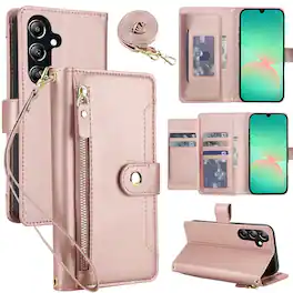 Dteck - Zipper Wallet Case for Samsung Galaxy A16 5G,Detachable Crossbody Flip Faux Leather Card Slots Kickstand Cover+Lanyard - Rosegold