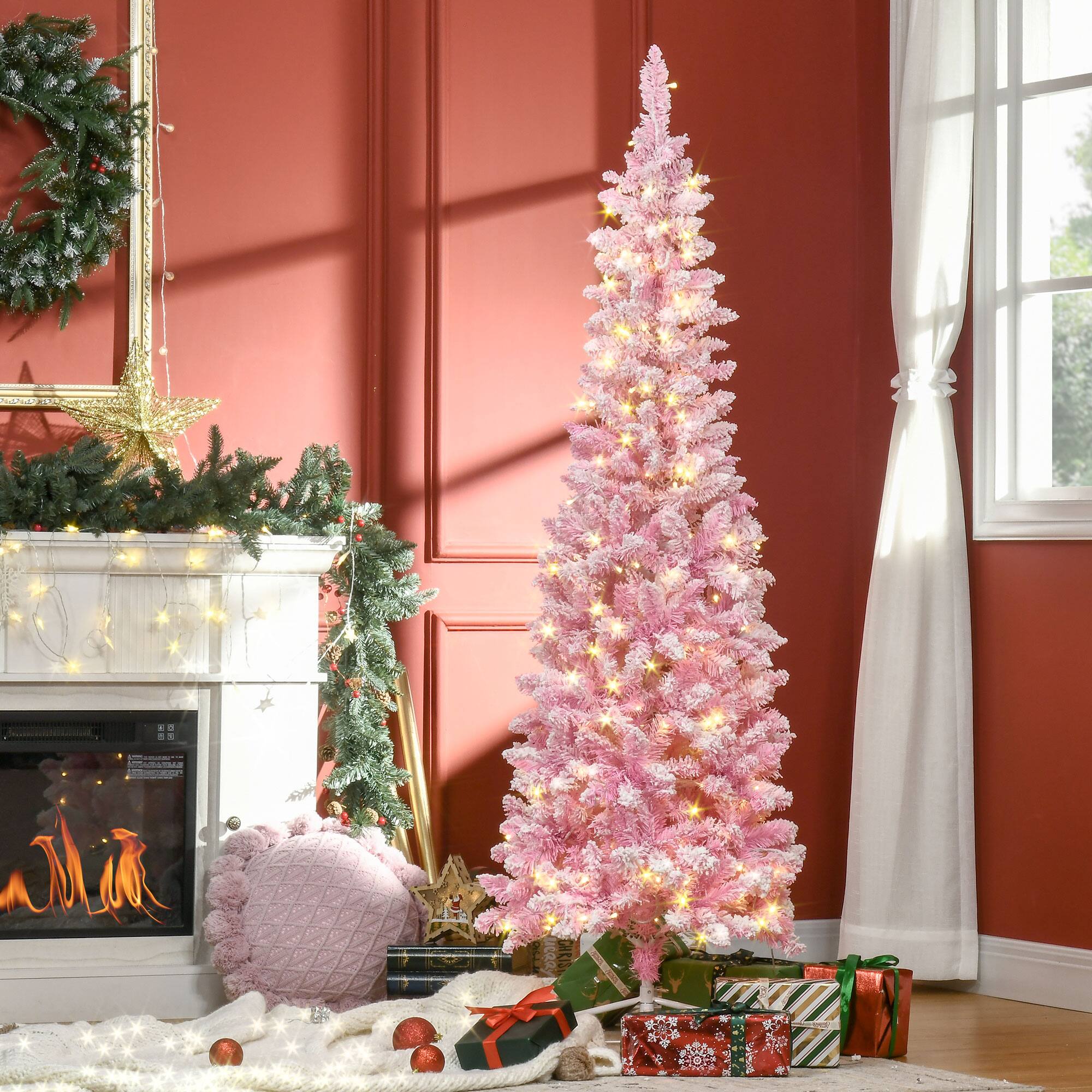 Alt View 1. Homcom - Prelit Snow Flocked Pencil Artificial Christmas Tree,Realistic Pine Branches, Warm White LEDs, Auto Open - pink.