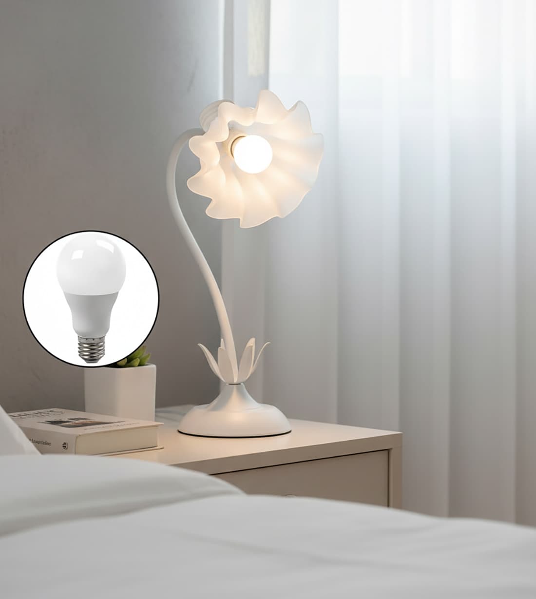 Alt View 4. FINEAK - Flower Table Lamp - 3-Color LED Night Light, Kawaii Decor (White) - White.