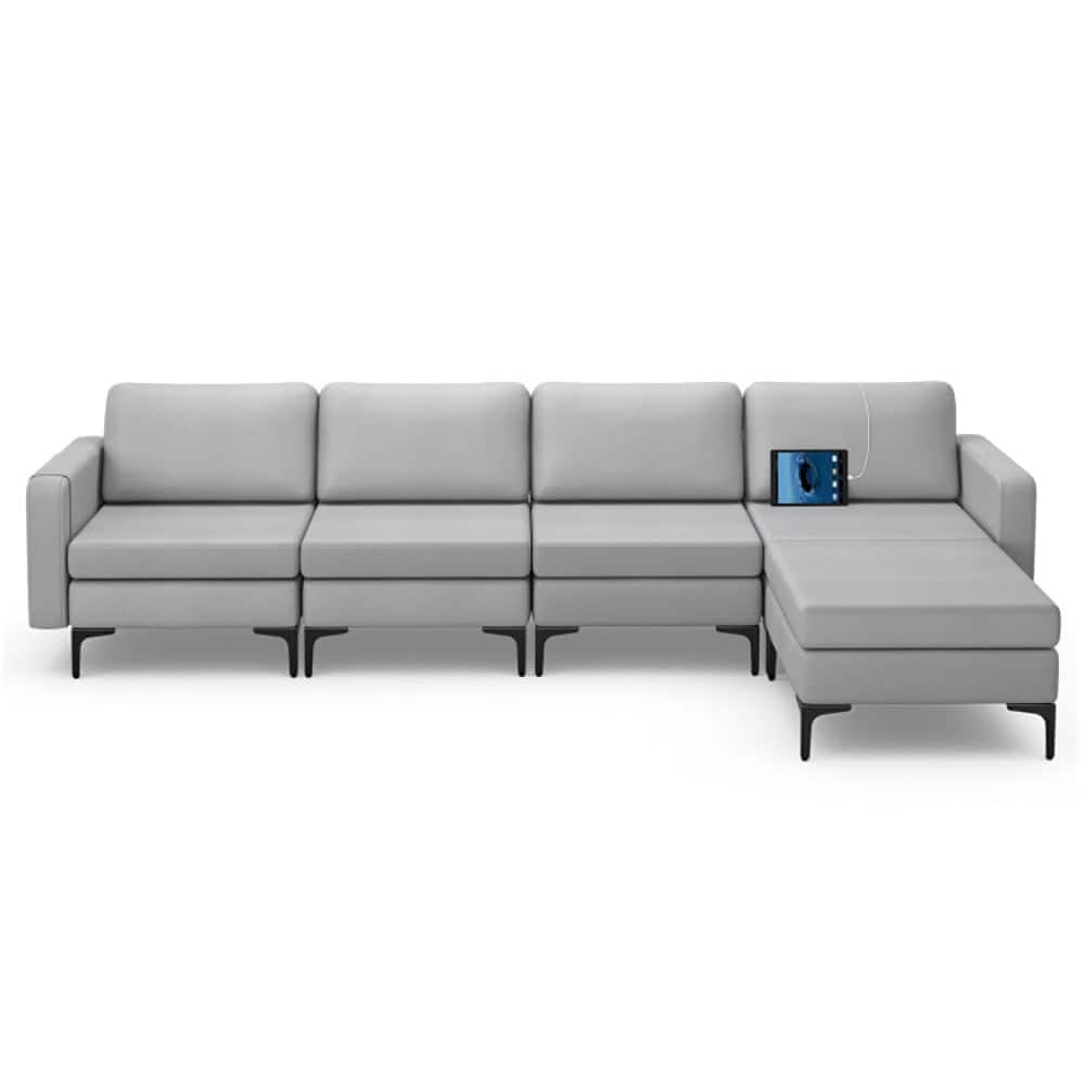 Resenkos - Modular L-shaped Sectional Sofa with Reversible Ottoman and 2 USB Ports-Light Gray, Sectional Sofa Couch - Gray