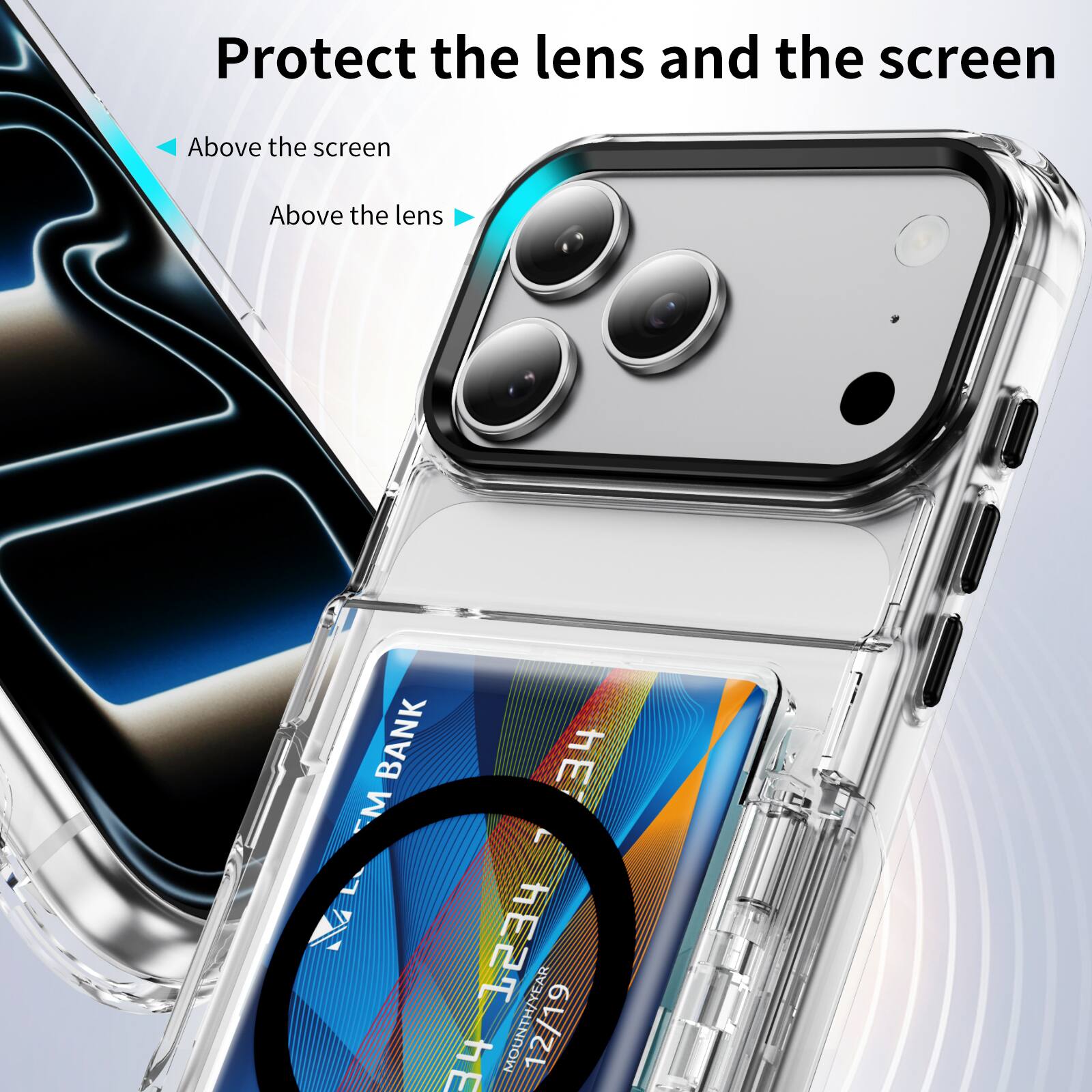 Protect the lens and the screen

Above the screen

Above the lens

BANK

HE M

1234

TH/YEAR

34 MONTH/YEAR

12/19