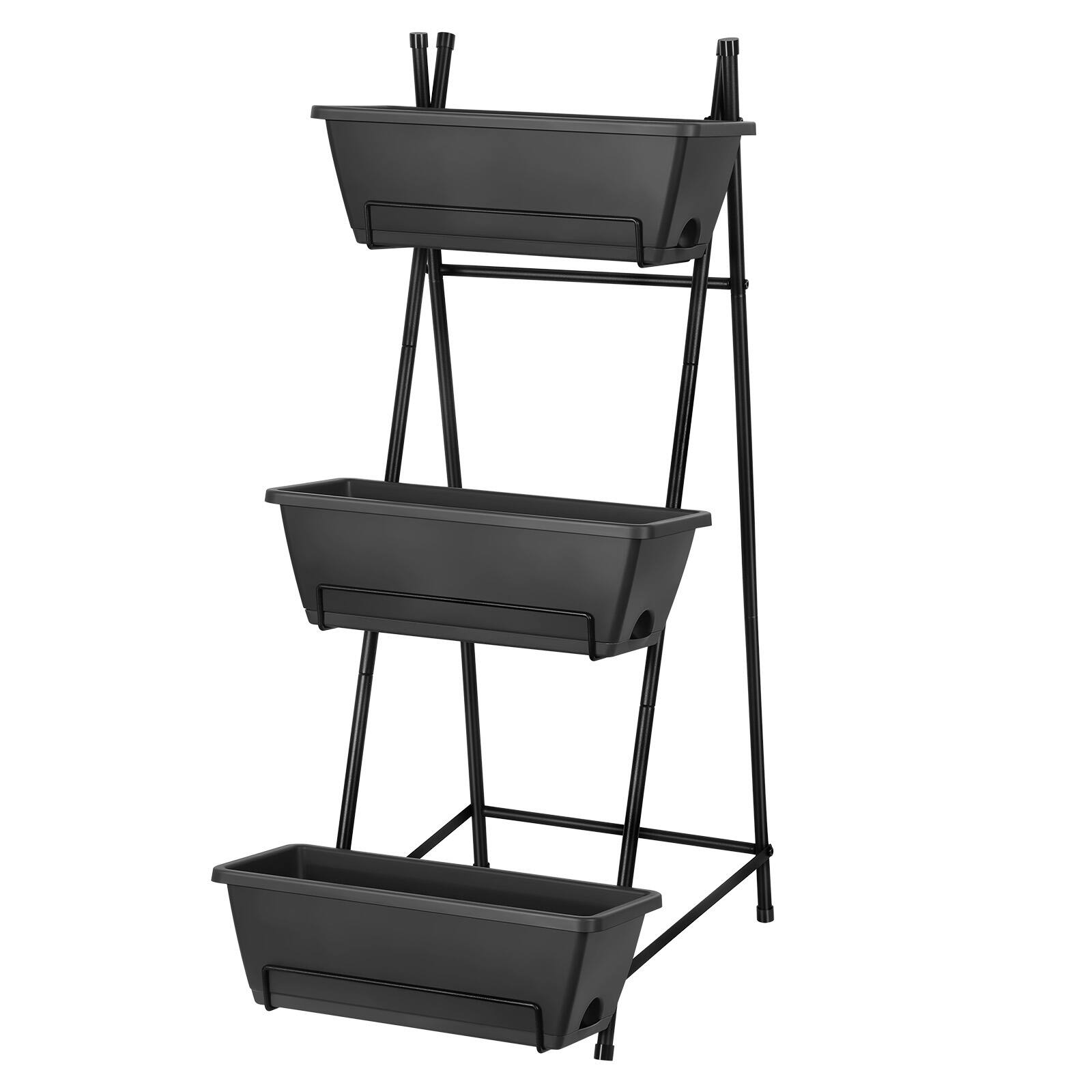 Angle. Oumilen - 3-Tier Gray Flower Pot Planter Stand, Vertical Raised Rack w/ Metal Frame for Veggies Herbs Flowers 37.7 in H.