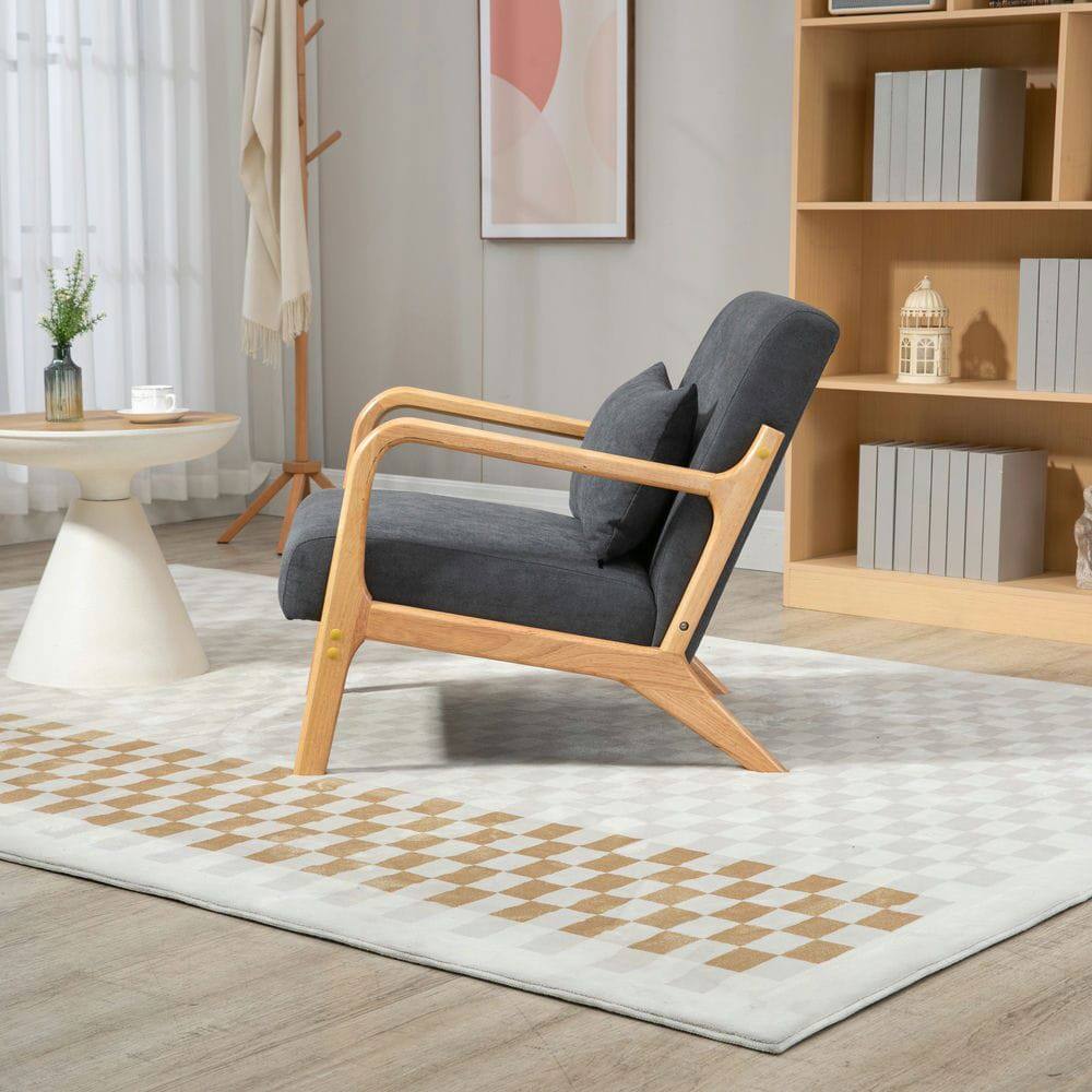 Alt View 1. Kadyn - Mid Century Modern Accent Chair with Wood Frame & Waist Cushion, Upholstered Reading Armchair for Living Room, Gray - Gray.