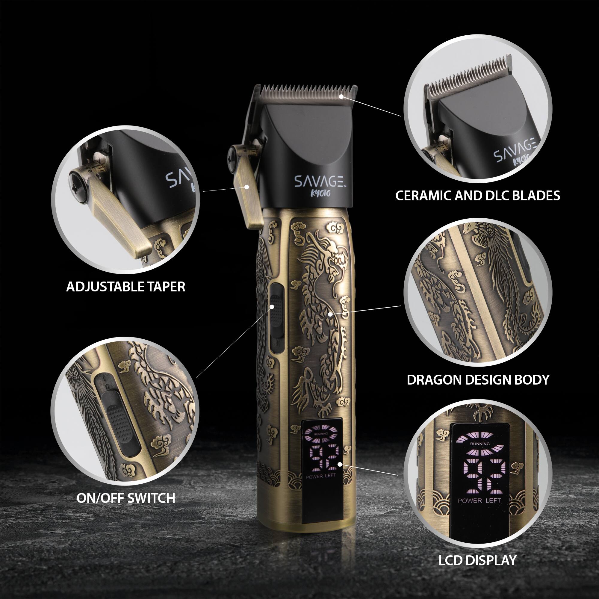 SAVAGE KIGIO CERAMIC AND DLC BLADES ADJUSTABLE TAPER DRAGON DESIGN BODY ON/OFF SWITCH POWER LEFT LCD DISPLAY