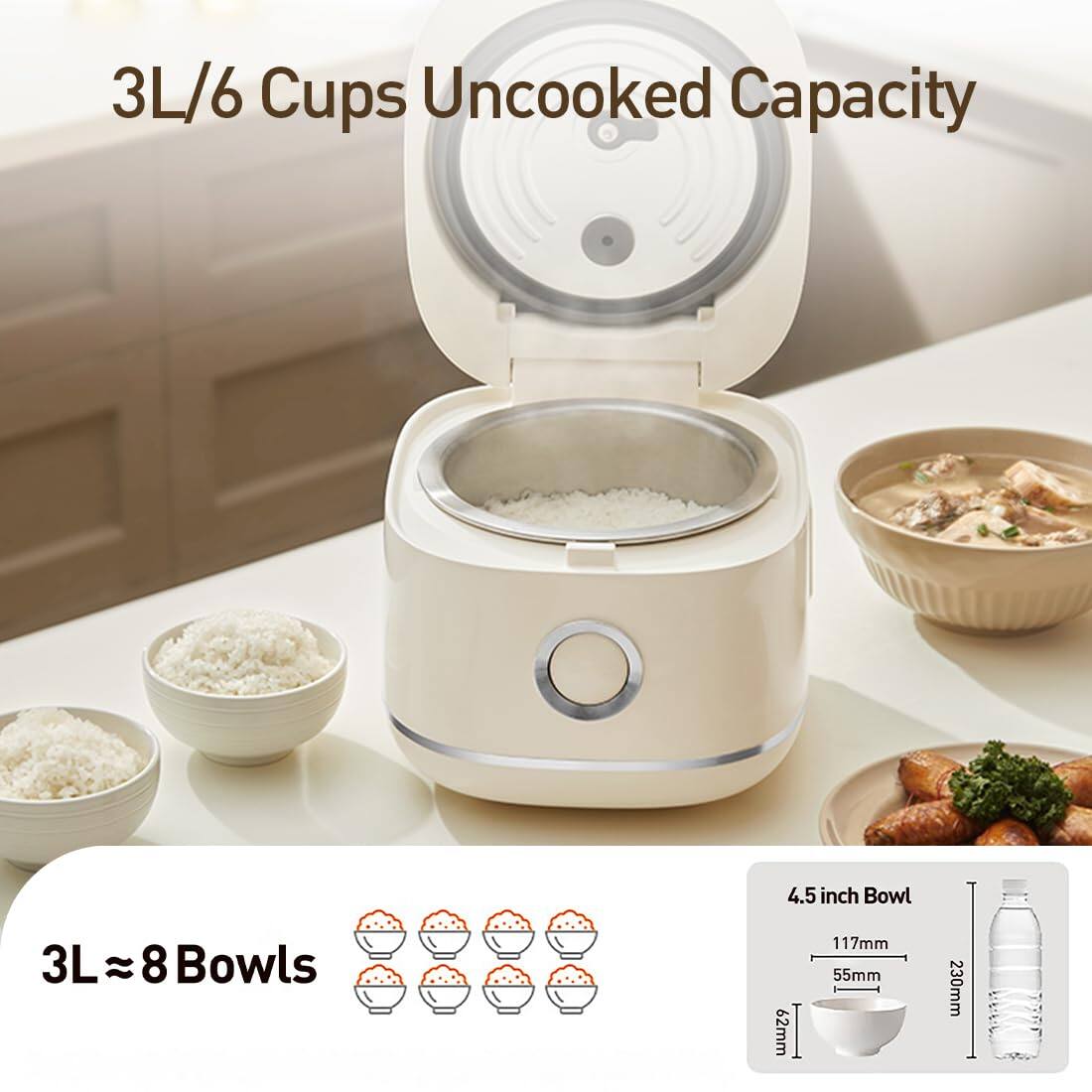 3L/6 Cups Uncooked Capacity

3L ≈ 8 Bowls

4.5 inch Bowl
117mm
55mm
62mm
230mm