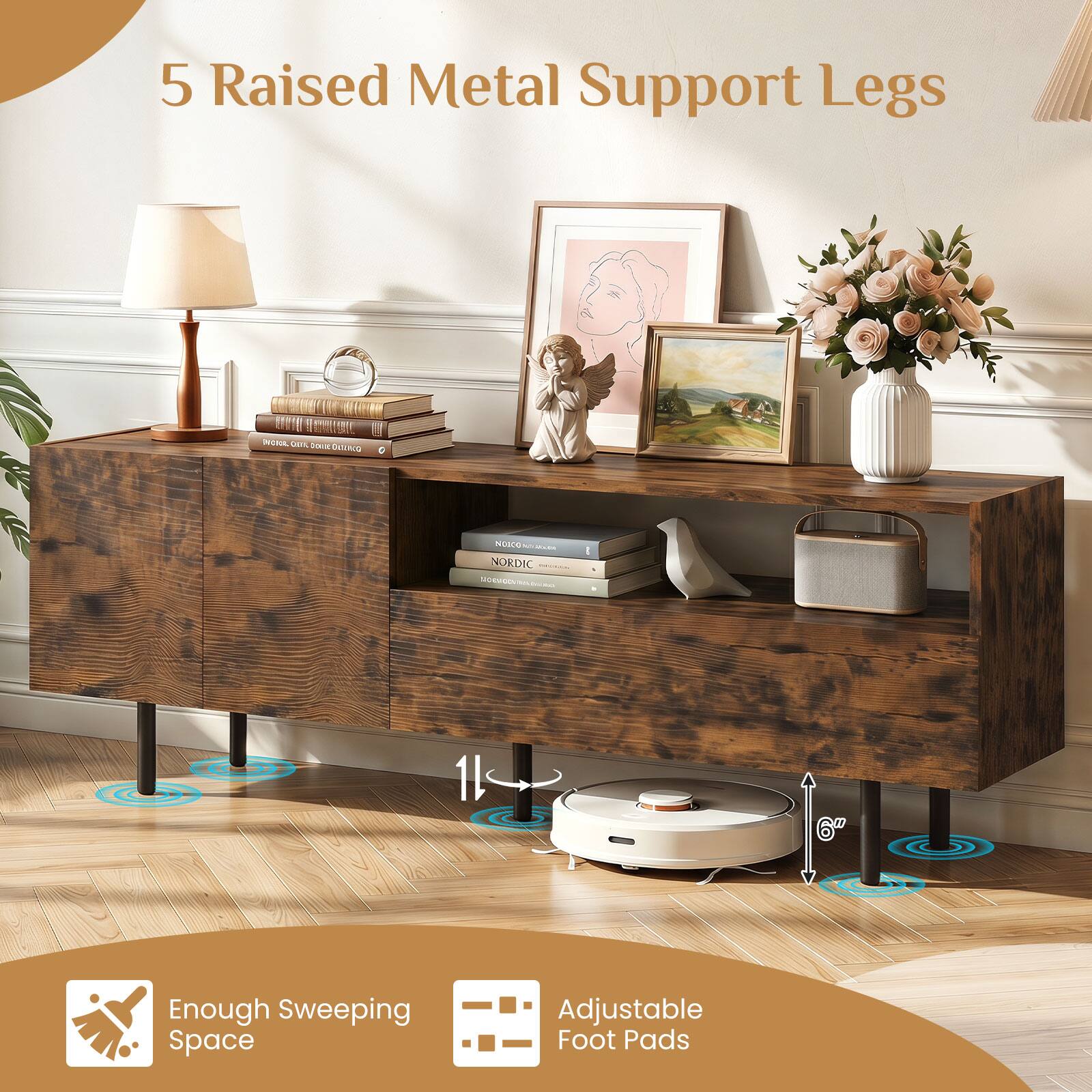5 Raised Metal Support Legs

Enough Sweeping Space

Adjustable Foot Pads