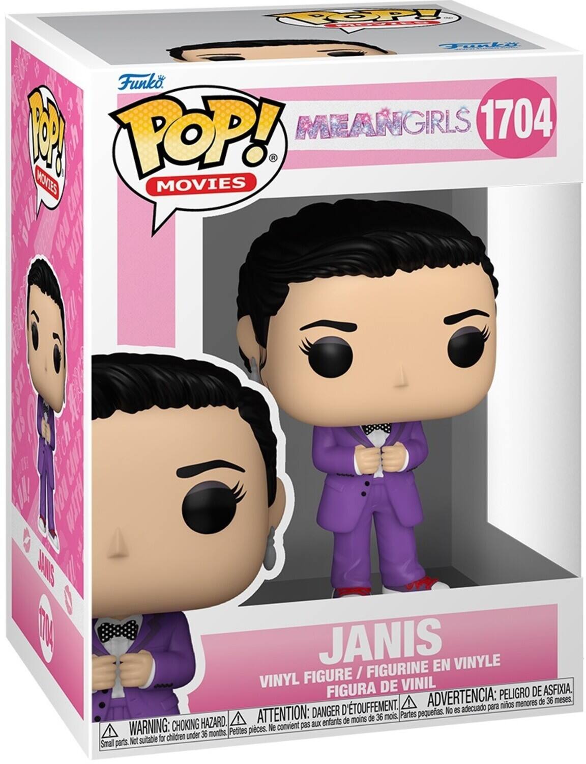 POP! MEANGRLS 1704 MOVIES JANIS JANIS EN VINYLE FIGURE / FIGURINE VINYL DE VINIL FIGURA PELIGRO DE ASFIXIA. D'TOUFFEMENT. ADVERTENCIA: para nios menores de 36 meses. DANGER pequeas. No es openoae HAZARD. ATTENTION: Bux enfants de moins de 36 mois Partes WARNING: CHOKING Petites pieces. Ne convient pas children under 36 months. Not sutable for Sma parts.