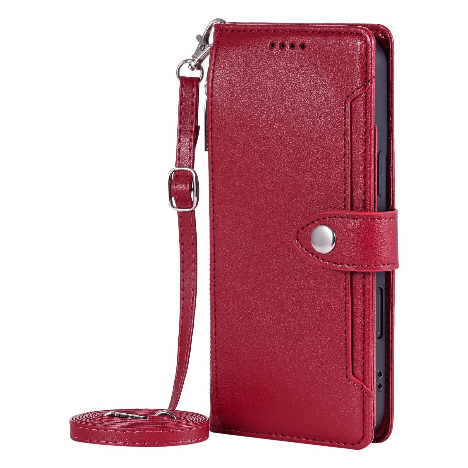 Angle. Dteck - Wallet Case for Samsung Galaxy A16 5G Crossbody Premium Leather Flip Kickstand Zipper Card Slot Cover With Strap+Lanyard - Red.
