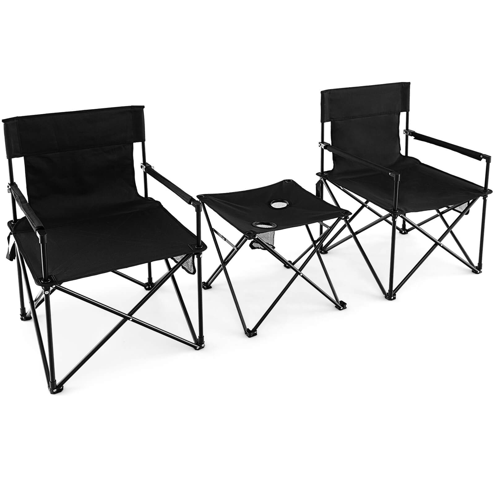Front. Costway - Folding Camping Chair Set of 3 Portable Lawn Chair & Side Table w/ 2 Cup Holders - Black.