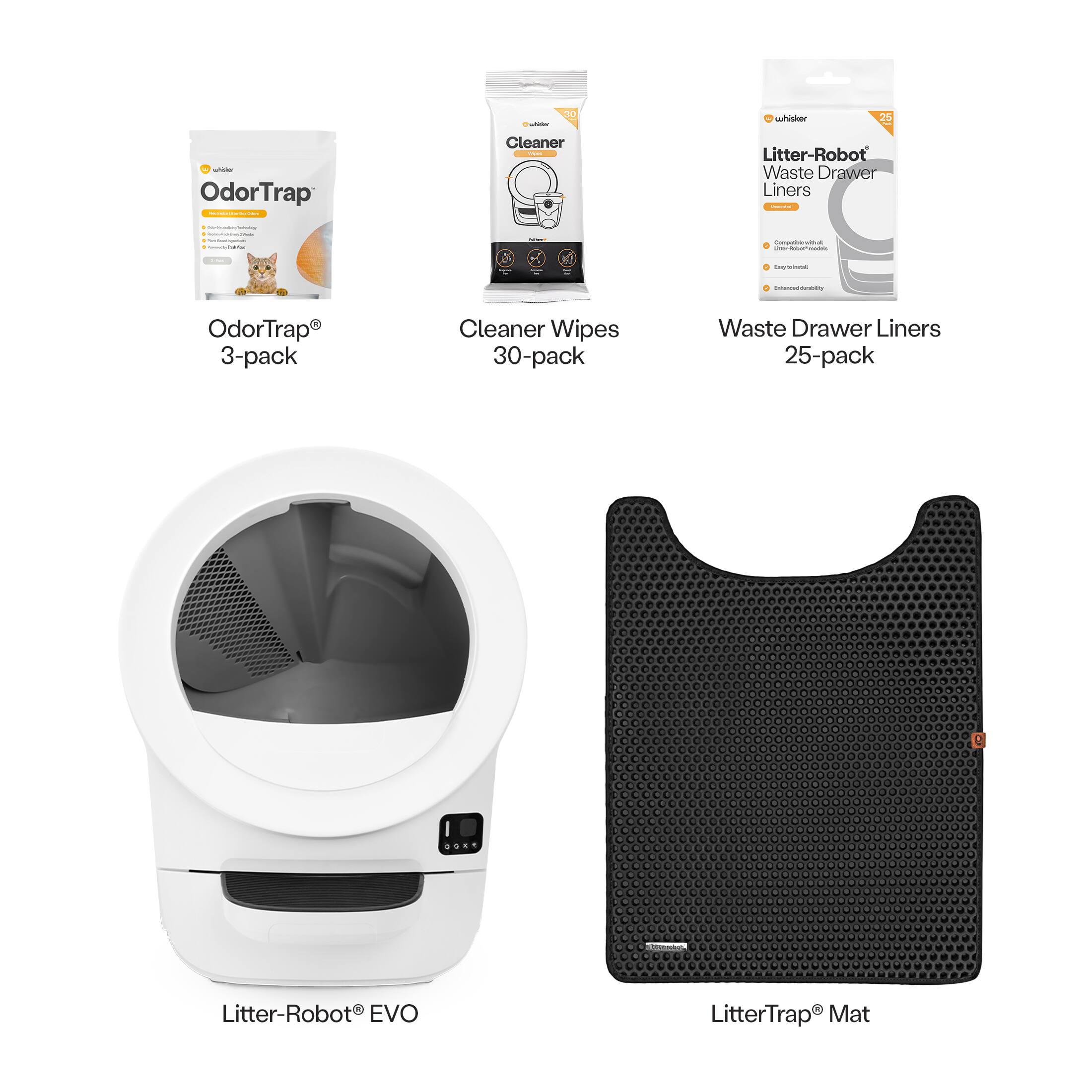 - N0 2 - OdorTrap - | Cleaner | Litter-Robot Waste Drawer Liners | | | | : | I | : -  I : : - - - OdorTrap 3-pack Cleaner Wipes 30-pack Waste Drawer Liners 25-pack I .... Litter-Robot EVO LitterTrap Mat