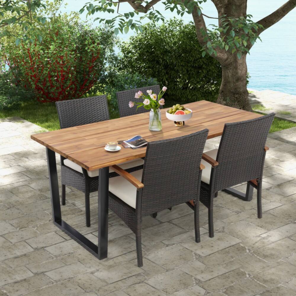 Angle. Mondawe - 5 Pieces Patio Wicker Chair and Dining Table Set with 2 Inch Umbrella Hole - Mix Brown.