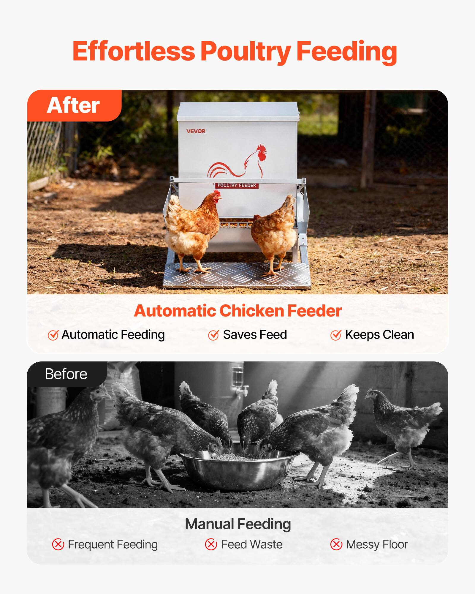 Effortless Poultry Feeding

After

Automatic Chicken Feeder
- Automatic Feeding
- Saves Feed
- Keeps Clean

Before

Manual Feeding
- Frequent Feeding
- Feed Waste
- Messy Floor