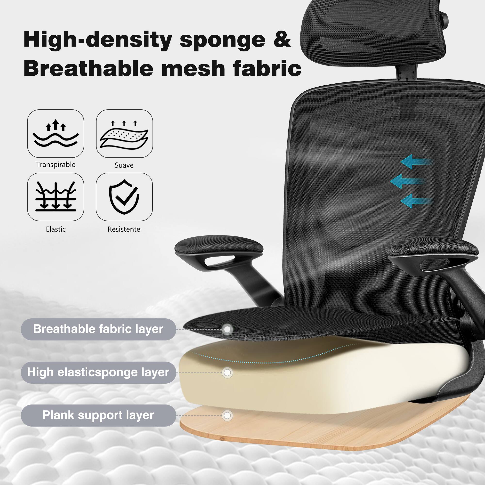 High-density sponge & Breathable mesh fabric

Transpirable
Suave
Elastic
Resistente

Breathable fabric layer
High elasticsponge layer
Plank support layer